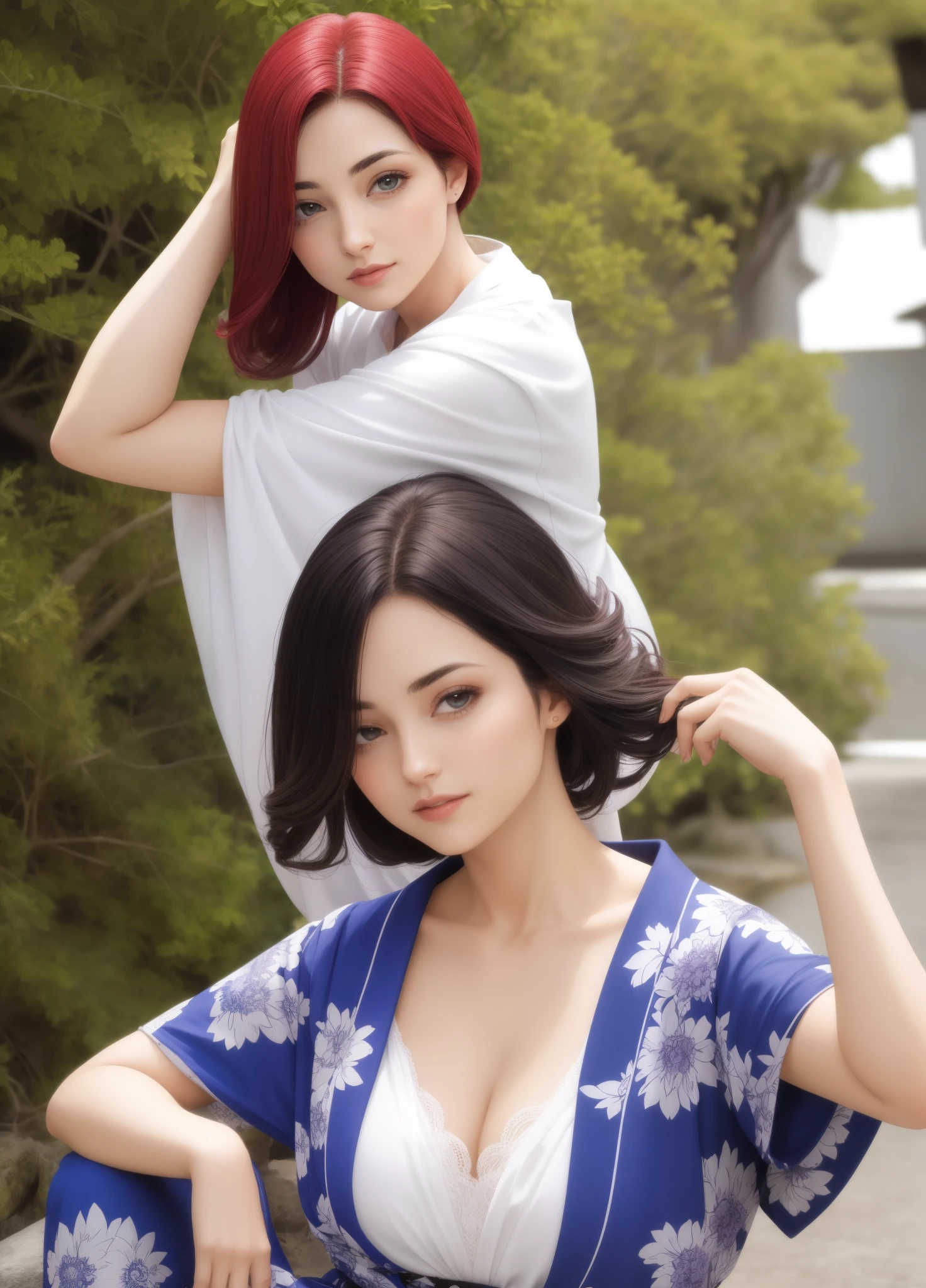 Crie uma mulher, com cabelos curtos, japonesa, vivendo uma vida normal, fazendo uma pose de modelo para camera