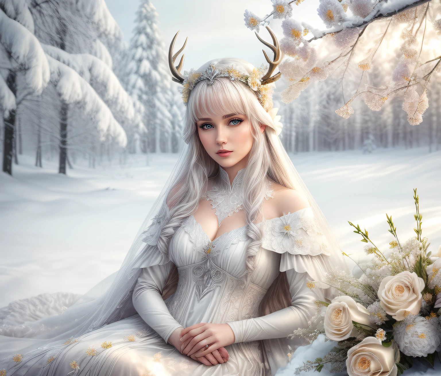 (a woman in a white++++++ gown), (sitting with a deer in the snow: 1,75), (((graceful horns on the head))), ((((((with beautiful flowers around her: 1,75)))))), Fantasy photography, fantasy matte painting,Cute, inspired by the Limburg brothers, an epic fantasy, The White Witch, Young woman with horns, Anna Boch, by Emma Andijewska, Lucia Peca, ethereal fairytale, beautiful nordic woman, Realistic fantasy photography, inspired by Anka Zhuravleva, Anka Zhuravleva, Pale ivory skin
