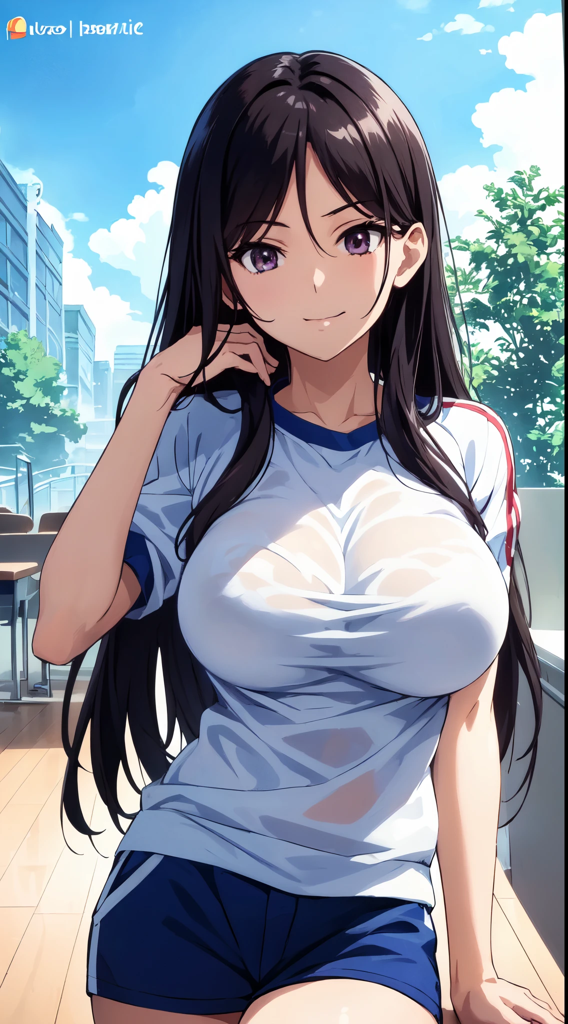 (​masterpiece:1.5),anime character,very precise details,Ultra High Resolution,the Extremely Detailed CG Unity 8K Wallpapers,(Realistic,Photorealsitic,hyper realisitic:1.5),(Curve,Model,glamor:1.5),Beautiful breasts,Farbe_aberration,beautiful detailed shadow,Beautiful eyes,Beautiful body,Beautiful skin,beautifull hands,(Aesthetic Anime Eyes:1.4),sitting on,Blue shorts,Seductive thighs,(A dark-haired,Long straight hair:1.4),Attractive anime girl with big breasts, A seductive anime girl, Attractive anime girl with a flirtatious smile, classroom with windows, captivating anime high school student, Beautiful detailed eyes, Beautiful detailed lips,, curvy figure, Magic lighting, in a provocative pose, Anime-style artwork, Vibrant colors and tones, Marine Kitagawa Fan Art, Teasing smile, surreal atmosphere, Ethereal Atmosphere,