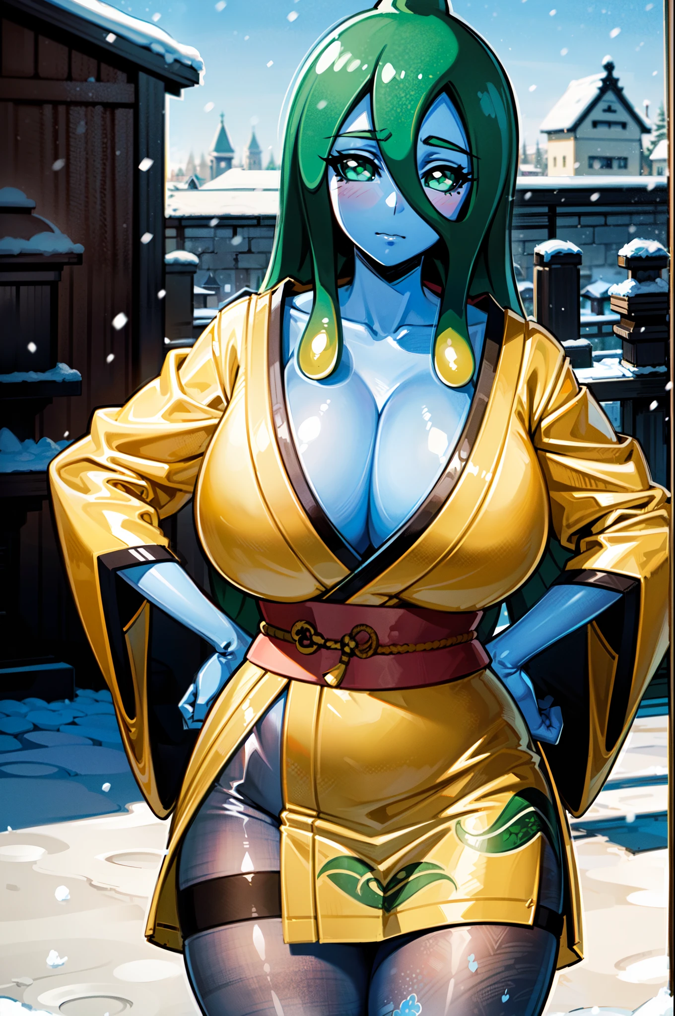 masterpiece, best quality, extremely detailed, anime art style, 1girl, mature female, solo, (blue skin, colored skin, slime girl, monster girl), (gigantic breasts:1.2), (((green hair, long hair, hair between eyes, tentacle hair, green eyes))), parted lips, (((collarbone, black kimono, print kimono, floral print, fishnet pantyhose))), ((blush, shy), closed mouth), ((hands on own hips, castle, winter, snowing))