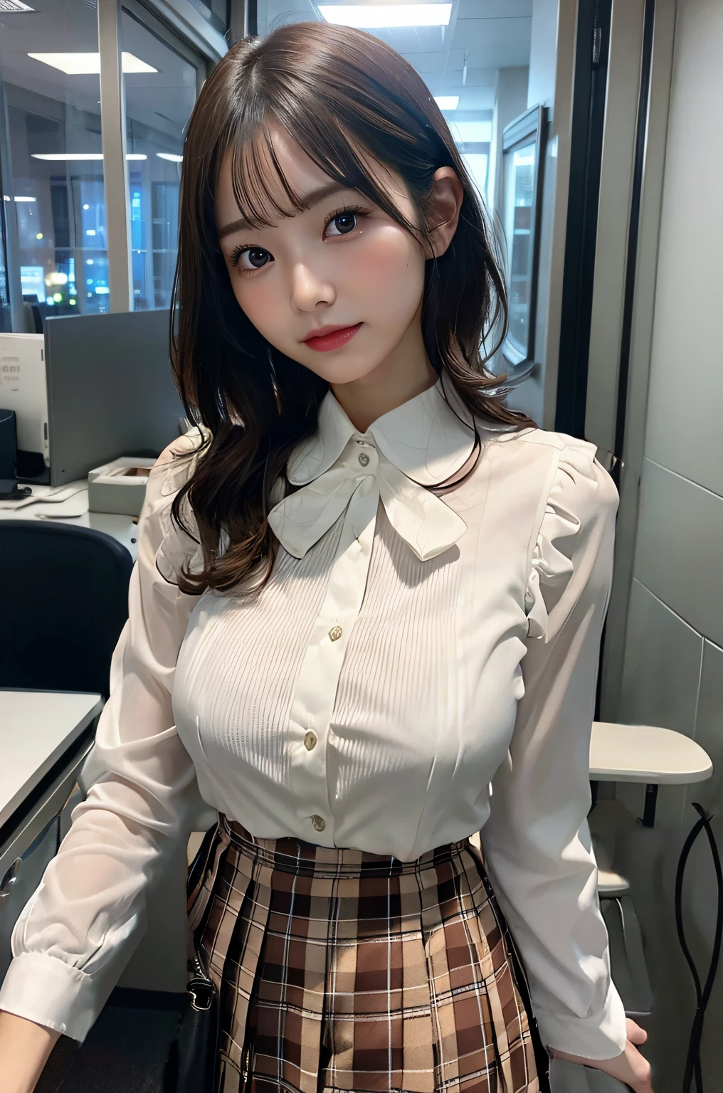 She is wearing a brown checked pleated skirt.