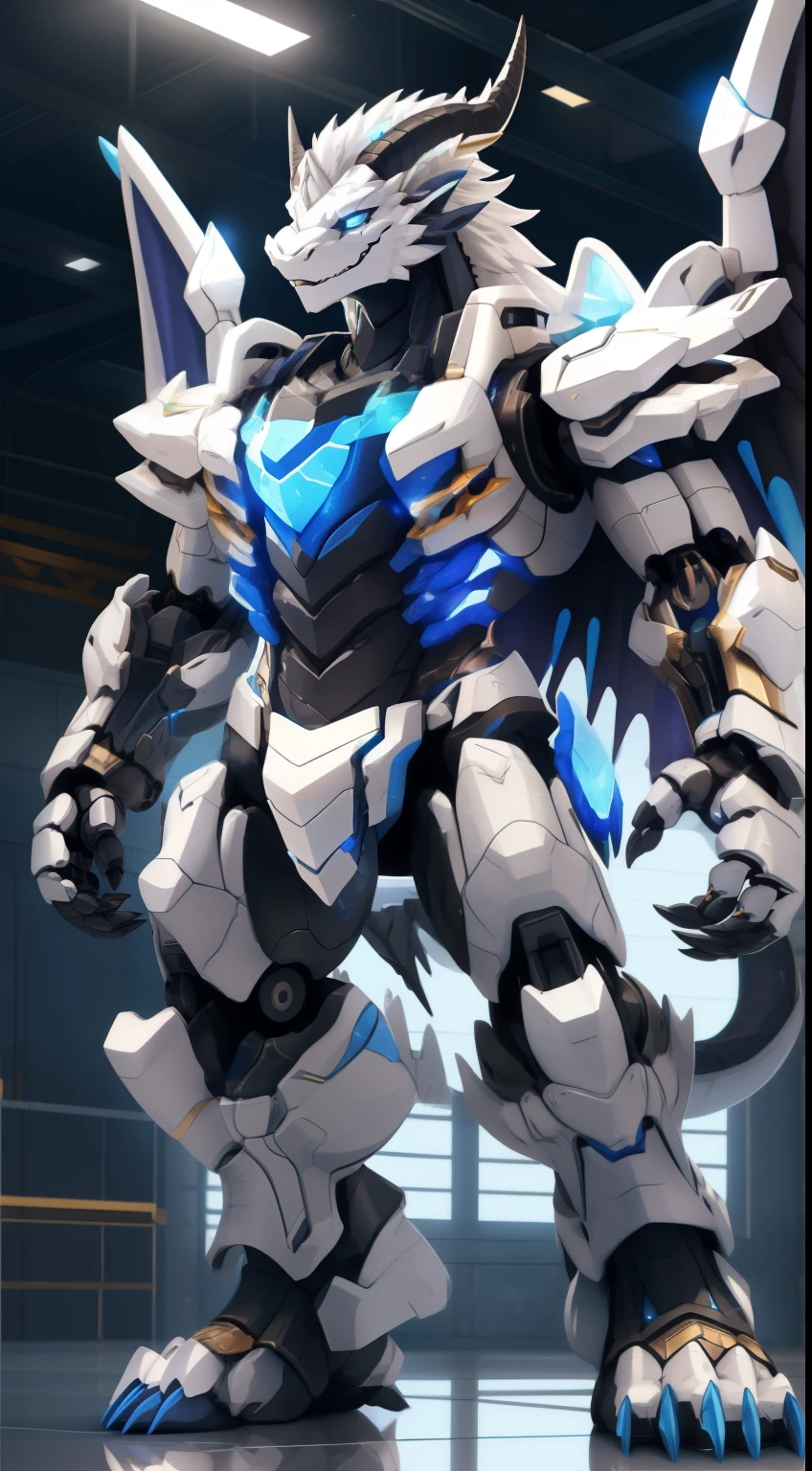 Upload to E621, (Male robot dragon), Stood up, 独奏, super heavy，Limb fat，White hair, Detailed scale texture, Dragon wings, (at the battlefield), (nakeness),  Black blue body，Purple blue and black blue scales，blue belly,dark blue belly，cellshading，The environment is dim，White Dragon Horn，Golden tattoo，victory pose（，（dragon gem），（（rajsha）），（kantanagamoli）），（up front view），Looks pleased，[simple backgound]，Detailed students，Masterpiece artwork，Caustics, edge lit, Singlelightsource, Sharp shadows, Single portrait, (digitgrade, toe claws), (beast wild),Mechanical armor，mechs，sci-fy，prosthetic limbs，glowing light eyes