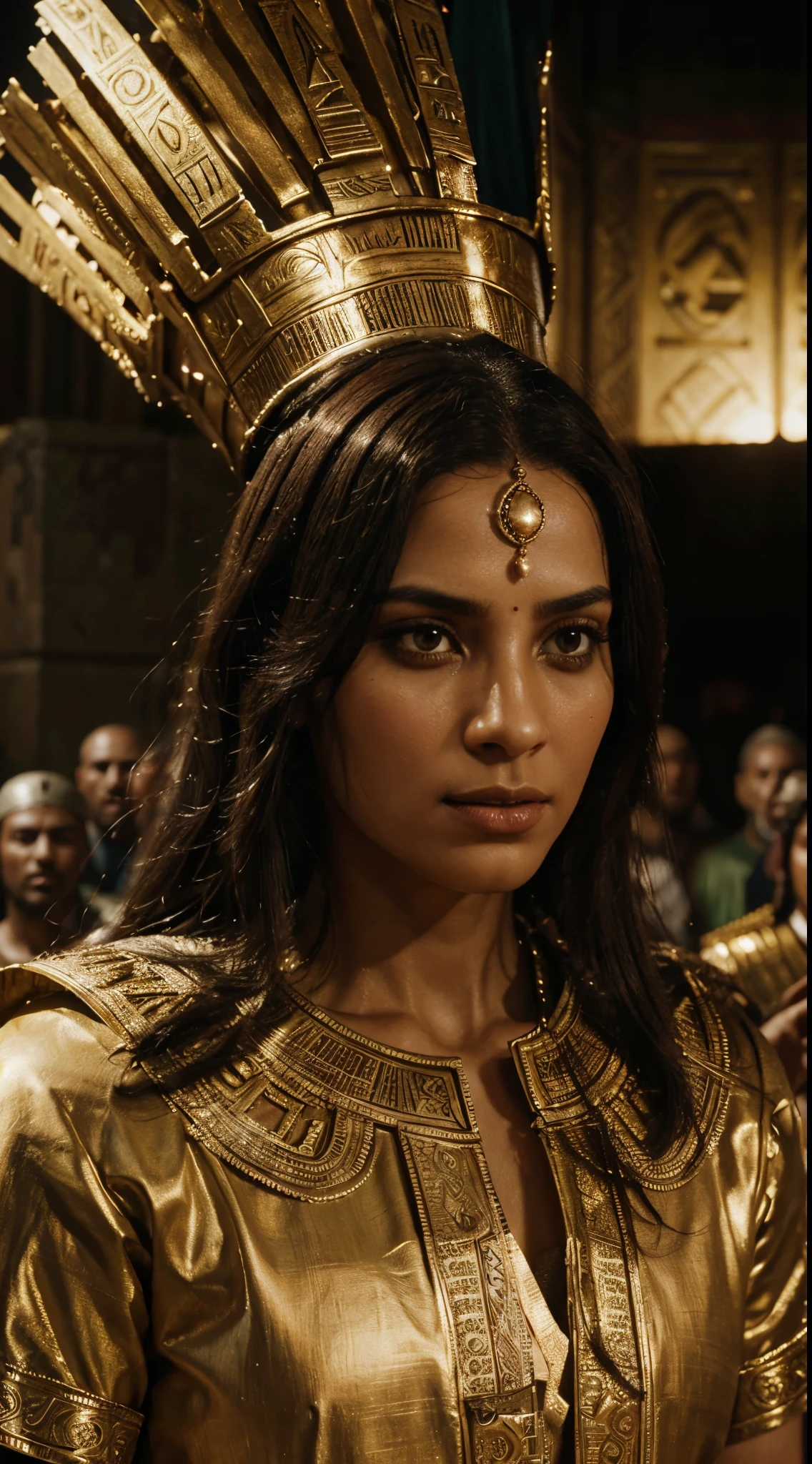 A cinematic scene featuring Ramesses the Great surrounded by a portion of his 200 wives, showcasing the diversity in attire and expressions, with dynamic lighting to accentuate the regal atmosphere, Realistic 4K cinematic rendering, utilizing depth to portray the vastness of the royal court