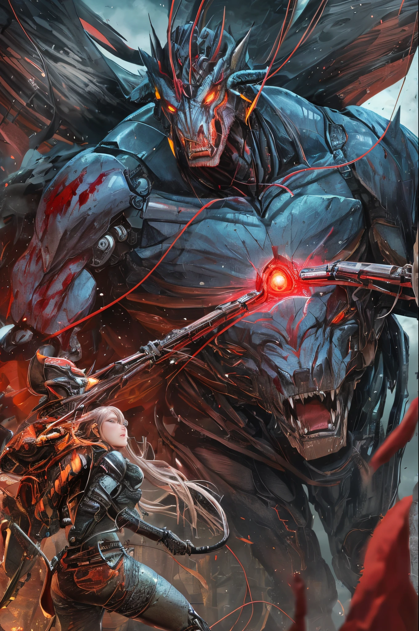 1 Mechanical Girl)、top-quality、masterpiece、超A high resolution、(Photorealsitic:1.4)、Raw photo、1人、Fight mutants、glowy skin、(((1 Mechanical Girl)))、With a beautiful knife、(Green Metal Bodysuit)、(Kobold、ogre、Fierce battle with orcs),(Fight fiercely against aliens)、Fight fiercely、(beautiful forest background)、(Fighting Demonic Beasts)、(Small LED)、((super realistic details))、portlate、(Strong giant demon beast background),globalillumination、Shadow、octan render、8K、ultrasharp、Colossal tits、Raw skin is exposed in cleavage、metals、Details of complex ornaments、Japan details、highly intricate detail、Realistic light、(Mystical expression),CGSoation Trends、Blue eyes、radiant eyes、Facing the camera、neon details、(Mechanical limbs)、(blood vessels connected to tubes)、Mechanical vertebrae attached to the back、mechanical cervical attaching to neck、(Wires and cables connecting to the head)、Gundam、Small LED、,Mechanical thighs、Toostock、(Hands are also made of machines)、(Attack of the Monster Beasts)、(Wounded in a deadly battle)Looks like a real actor is acting、Best Quality、Big tiger、suspicious atmosphere、rays of moonlight、