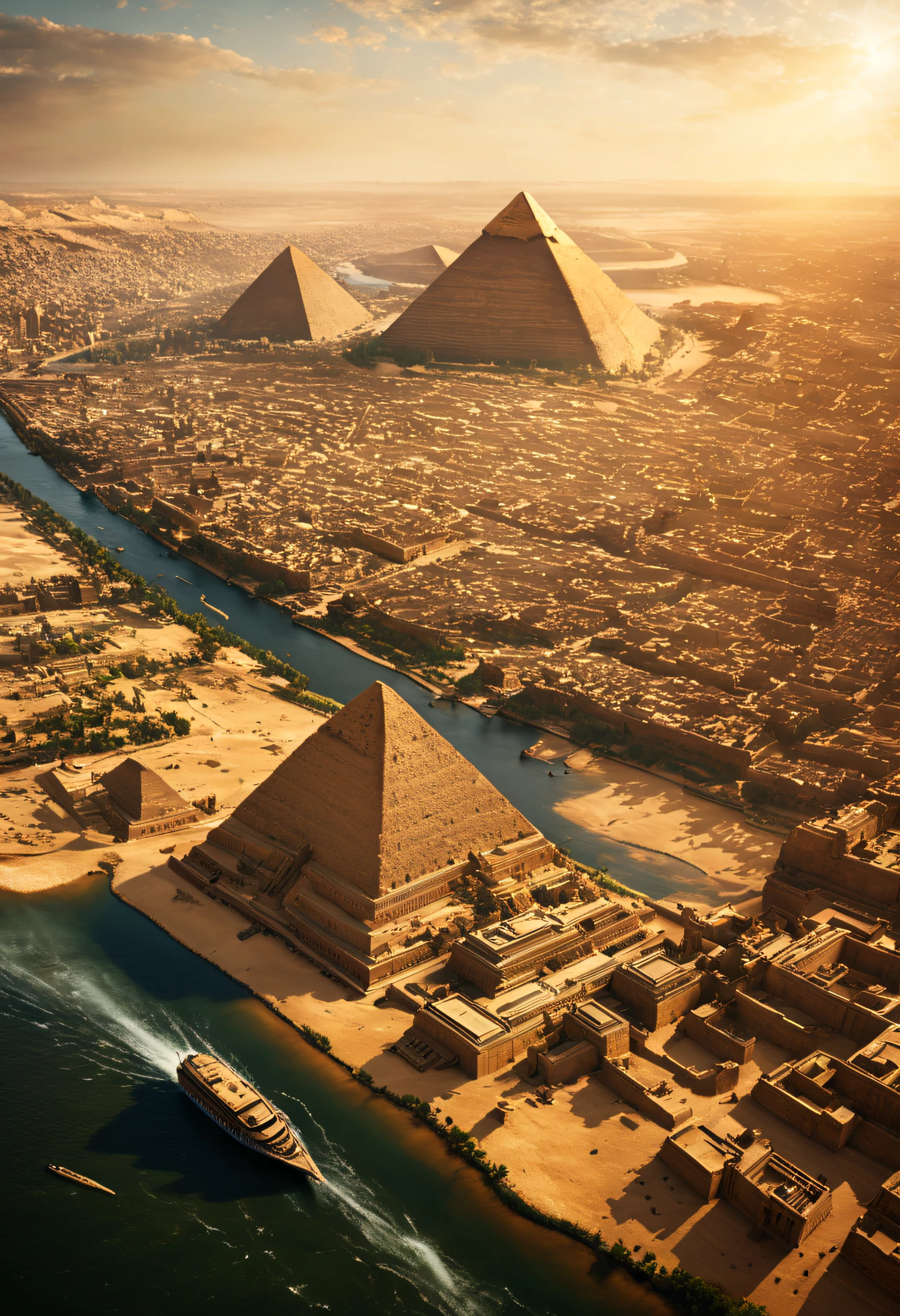 A cinematic aerial view of the ancient Egyptian kingdom, featuring the Nile River, majestic pyramids, and bustling cities, capturing the grandeur of the civilization, Realistic 4K cinematic rendering, emphasizing the vastness of the landscape