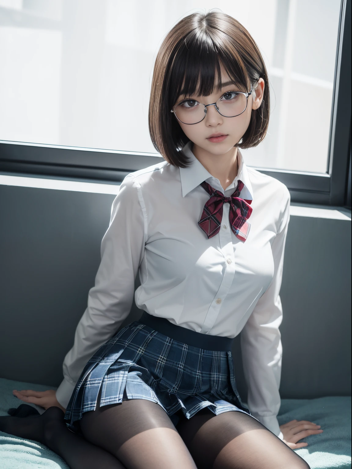 (((Long bob cut)))、(Underwear is visible)、((Narrow-eyed))、((Narrow-eyed))、((Narrow-eyed))、(8K、Raw photography、top-quality、masterpiece:1.2),、Has a small、(flat breast)、(flat breast)、(flat breast)、(flat breast)、(flat breast)、(being thin)、light skinned、skin whitening、Dark look、Rasping,glamor,Chromo-white skin,cocky,School,watching at viewers,Looking at the front,Muchimuchi,High-pitched clothing,??????,Pupils,de pele branca,kne,((Black pantyhose)),absurderes,a small face,,Forehead visible,Bangs hanging from the left and right sides of the forehead,(a cold expression,Tight eyes,glares,Bullish,irate)、masterpiece,top-quality、超A high resolution,Raw photo,ren,Beautiful fece,One Person, 独奏,eye glass,,Dark look,Small breasts,fullllbody,Round glasses,JK school uniform,hi-school girl,A Japanese Lady,is standing,(Photorealsitic:1.37)、Photon mapping,Realistic、Beautie,Cute little face,Brown-eyed、Black socks、(Red bow tie)、Radio City、Physically Based Rendering、depth of fields、Blurry background、a picture,Body,beauty legs, Long legs, Thin leg,(Bangs are visible), hair, s lips, Blue_The eye, nosesoft,(Light blue shirt), (Navy and blue and white plaid pleated skirt), Knees are visible,Sheer clothing,, Thigh, Black cotton socks,Nogizaka Idol, 女優, Japanese ido