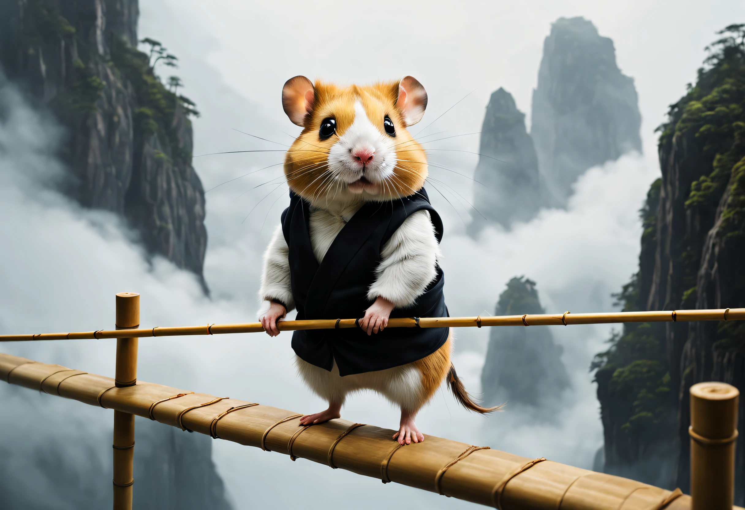 Adventurer hamster walks a tightrope,between two mist-shrouded cliffs,wearing bodysuit,Hold the bamboo pole to maintain balance,Personification from the edge of infinity,Felicia Simien and Studio Ghibli-style minimalist photography,Made by Pixar,Maximalism,fine art,电影灯光,negative space,Dark art,ultra-realistic realism,ukiyoe painting,