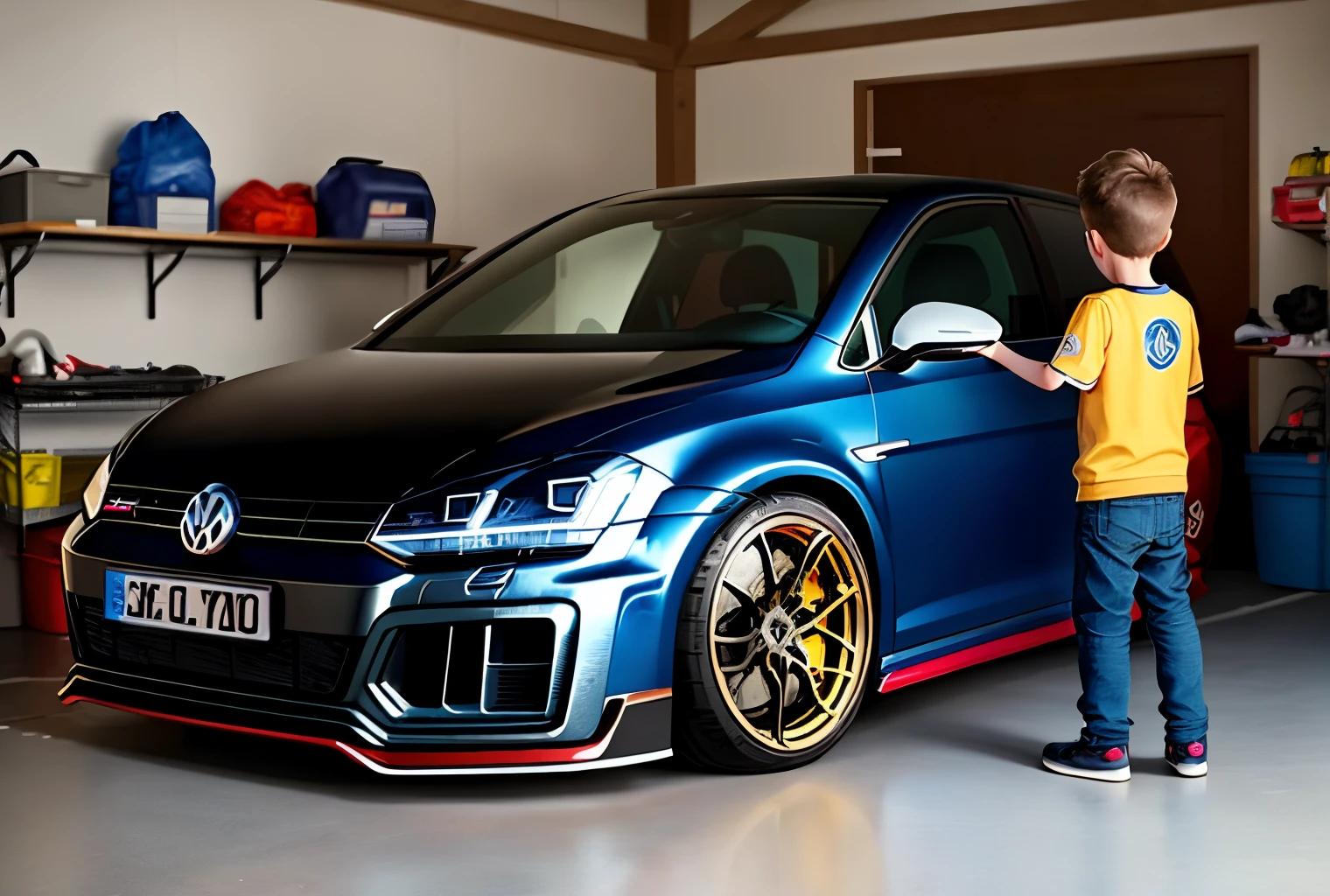 Boy admiring his blue Volkswagen Golf r32 in the garage