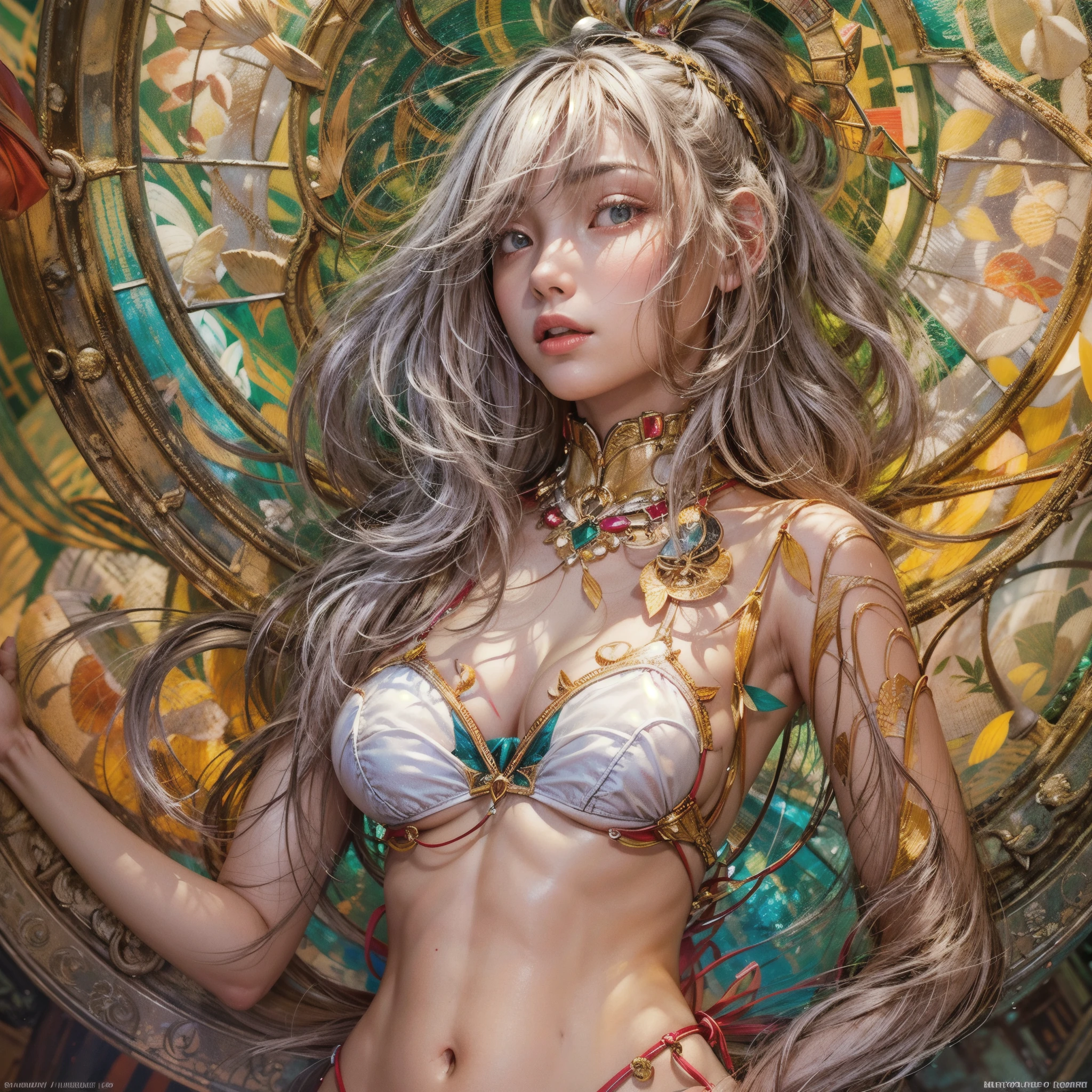 ( Masterpiece:1.25, exposed:1.2, White and vivid colors, navel),  (sexy junior idol), ((face variations)), portrayed in the best quality and high resolution. The image should be ultra-detailed, realistic, and photorealistic with a touch of rawness. back lighting, colorful Light shines through delicate stained glass. The medium can be a combination of photography and concept art. The color tone should be vibrant and vivid, enhancing the overall visual impact. (Whole Body proportions and all limbs are anatomically accurate), (nipple:-0.9) .