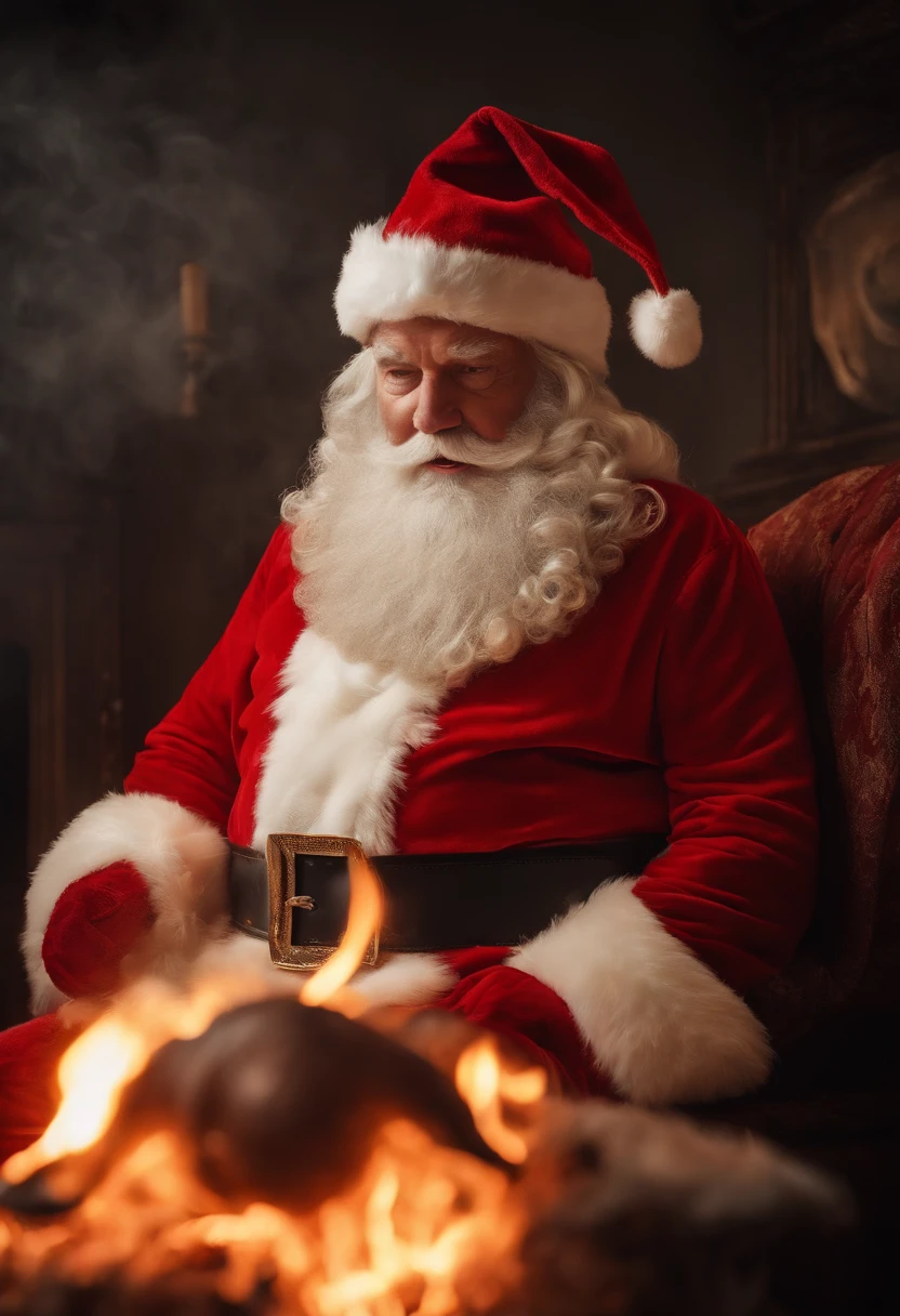 Santa Claus with his body on fire because he went down the chimney to the fireplace, Santa Claus' costume on fire, fireball, burning Santa Claus out of control, and Santa Claus burning to death,