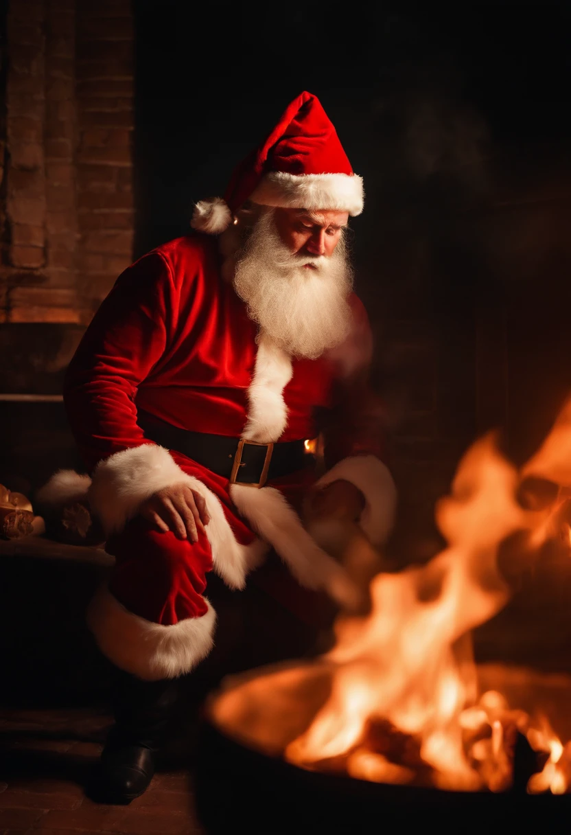 Santa Claus with his body on fire because he went down the chimney to the fireplace, Santa Claus' costume on fire, fireball, burning Santa Claus out of control, and Santa Claus burning to death,
