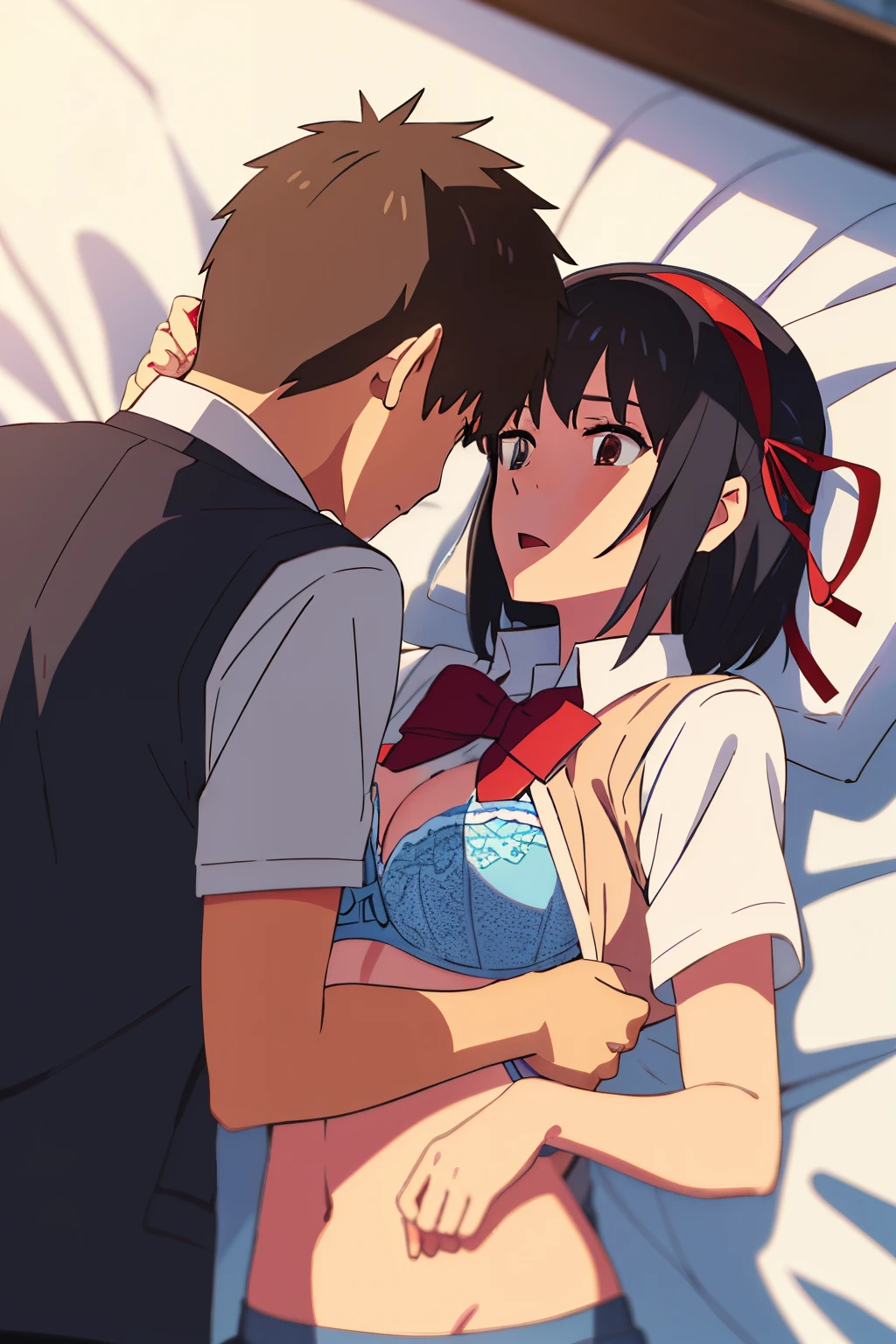 shinkai makoto, kimi no na wa., 1 boy, buzzcut, school uniform, boy is above girl, girl is below boy, passionate hug, face to face, lying, lie on bed, 1girl, black hair, bow, red bow, brown eyes, collared shirt, headband, red headband, bow, red bow, ribbon, red ribbon, school uniform, shirt, short hair, open mouth, couple, sweater vest, vest, vest lift, vest lift up, white shirt, open clothes, open shirt , partially unbuttoned shirt, boobs, medium breast, navel, white bra, bedroom, night,