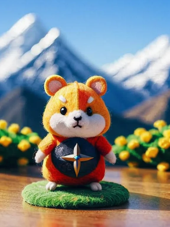 A Hamster, a cute hamster warrior with a sword, medieval armor, mountains for background, blurry background, Wool felt,