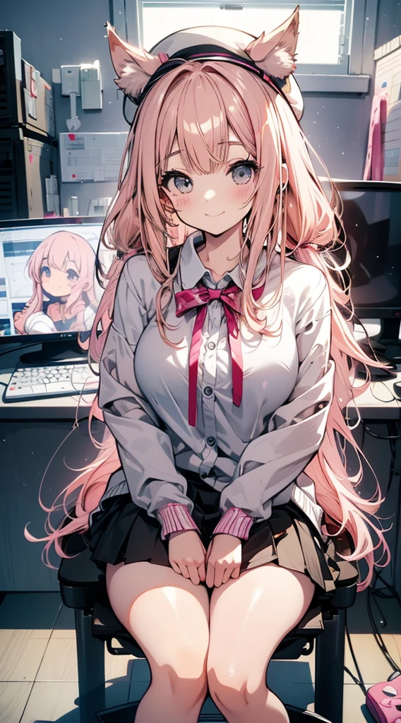 anime illustrated、Moe、pink blonde long hair、Beige cardigan、a miniskirt、Wear a brown beret、terrier dog ears girl、youtuber、painter、Room with live streaming facilities、Anatomically correct human body、Archaic Smile、Sit in a chair in front of your computer、thick thighs、Plump body、doing live streaming