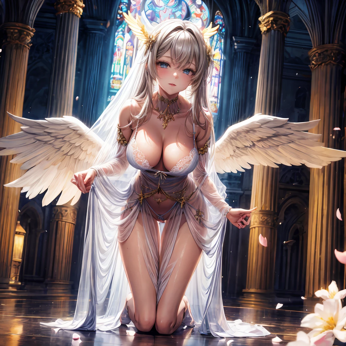 (8K ,hyper-detailing,ultra real photo,Best masterpiece,natural,Perfect artwork,Perfect female body),Cute busty girl ,Hair color,(large tities),Angelic,obsessed,the angel's wings,The halo,Beautiful church,beautiful rain of petals,Gorgeous accessories,golden brilliance,Wearing a see-through sexy gauze skirt,Sexy transparent dress,ssee-through,Built-in thong,The cracks are relatively large,stretch the meat,Raised sexy,Flirtatious,Full body shot