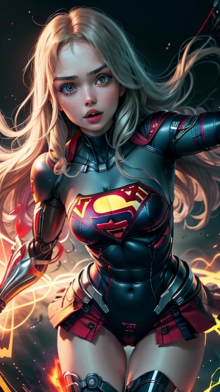 (best quality, master part, absurdos)), 1girl(Supergirl),20 anos, corpo definido, expressivos e olhos azuis,  enormes, usando uma capa vermelha, nu, peito enorme, quadris largos, arm prosthesis, paternal prosthesis