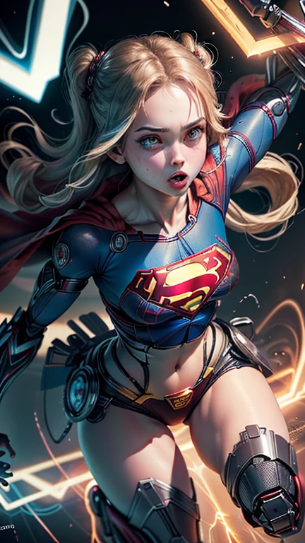 (best quality, master part, absurdos)), 1girl(Supergirl),20 anos, corpo definido, expressivos e olhos azuis, Seios enormes, usando uma capa vermelha, nu, peito enorme, quadris largos, arm prosthesis, paternal prosthesis