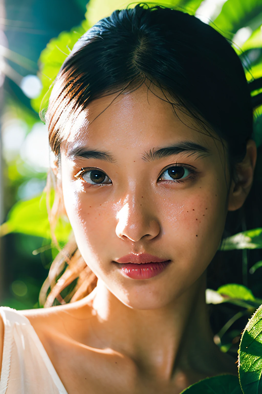 {top-quality}, {{​masterpiece}}, {extremely delicate and beautiful},Outstanding light and shadow, highly detailed wallpaper,Clear and bright sunlight,1girl in,lightly dressed、gaze looking beyond,red blush,Strong sunshine,delicate and messy hair,realistic skin textures, Pronounced pores and skin wrinkles,tropical rainforest,((strong light shines on the face)), The upper part of the body