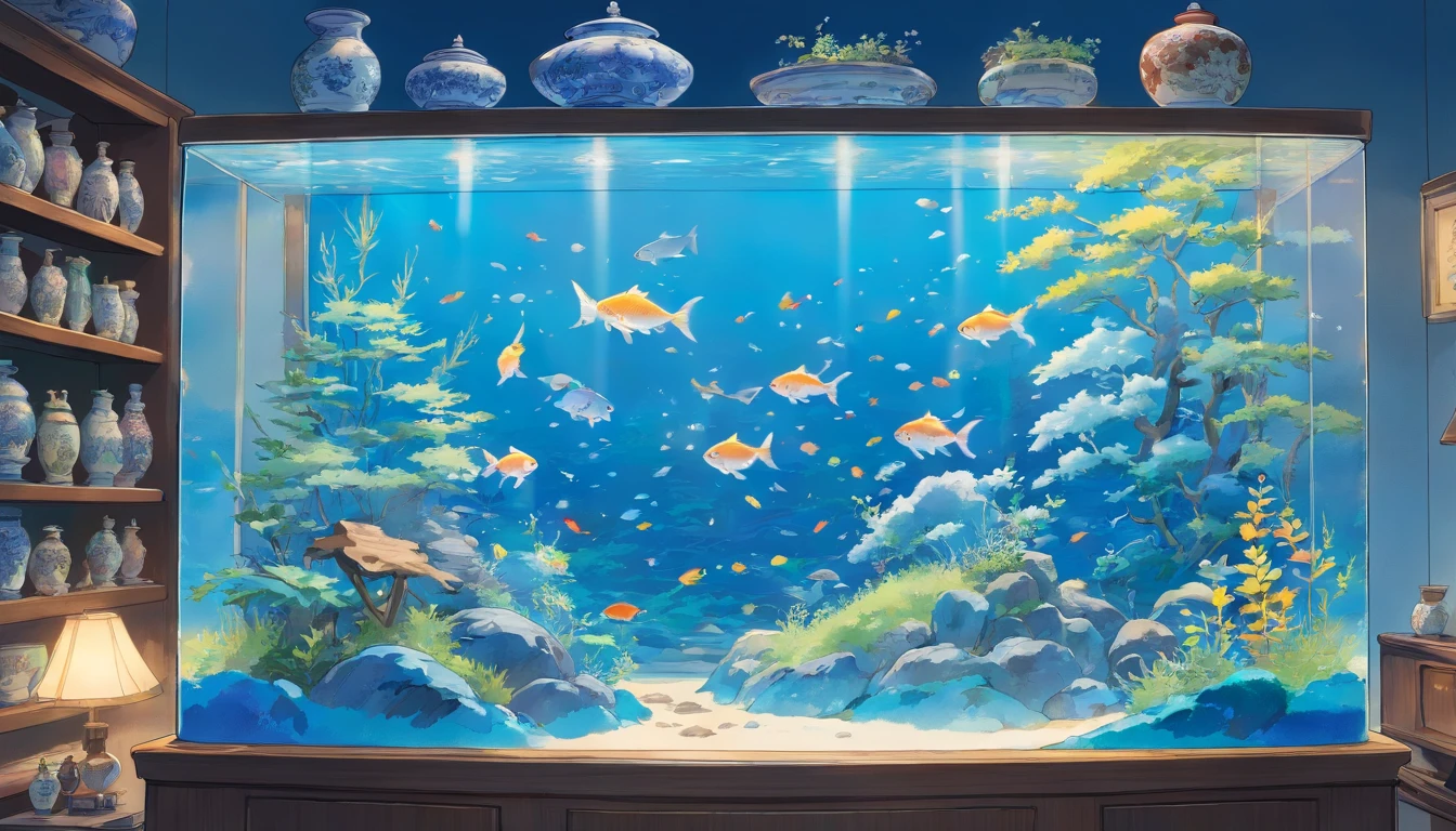 Blue and white porcelain fish tank