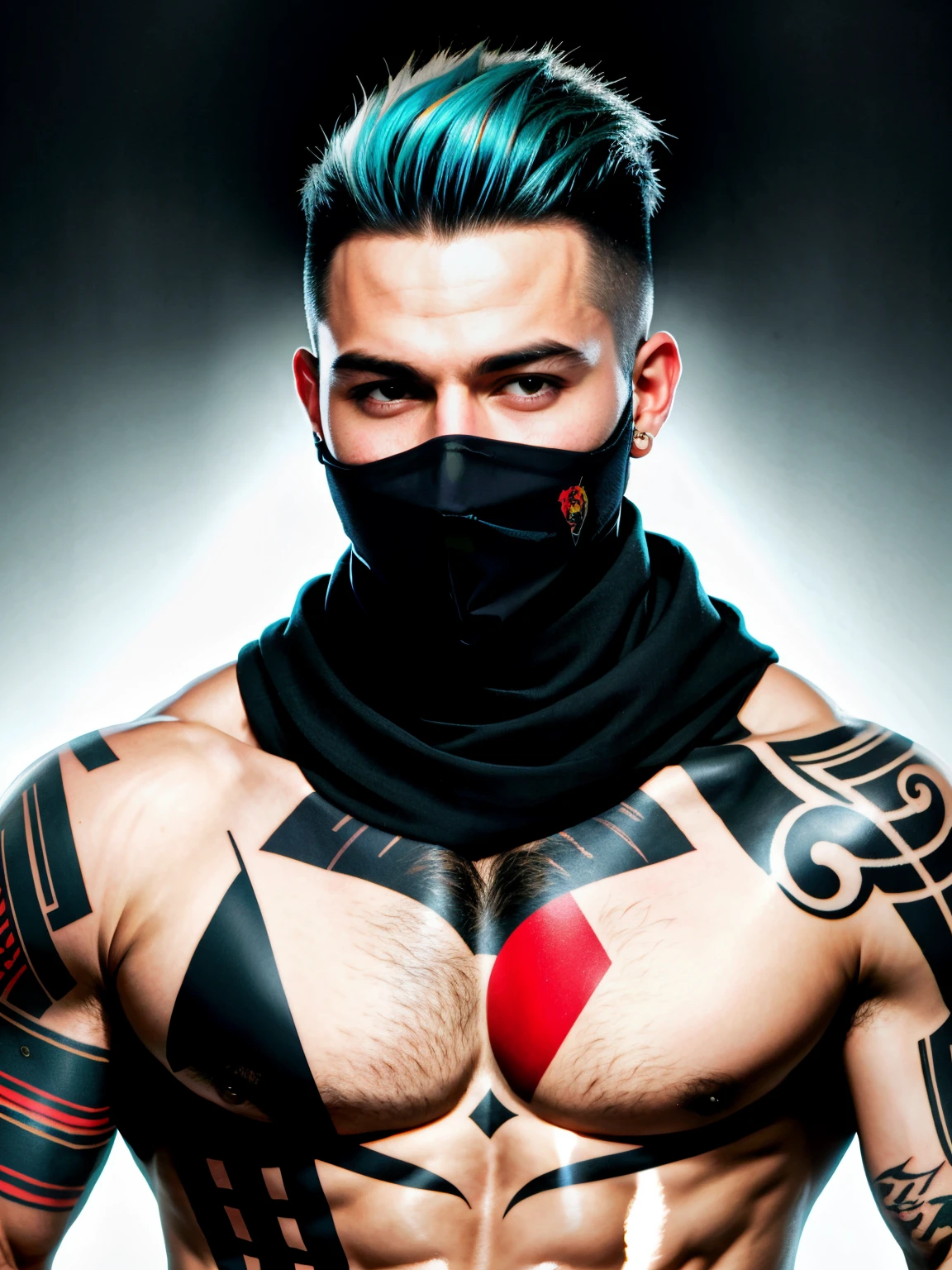 solid color backdrop,One person wearing a ski mask(without a hat!!!),Handsome,rogue,Sense of oppression,Full body photo,Don't take a headshot,Punk head,Hair color is white,upper body bare,tattoo is,Muscular,Rule 34