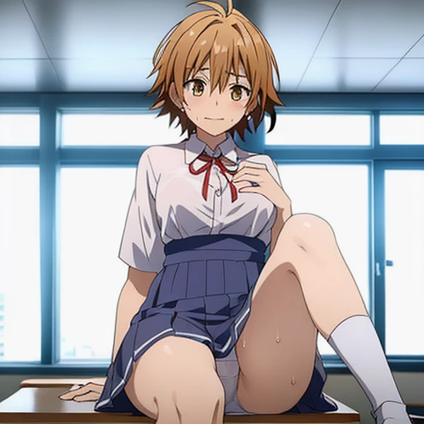 blushed、Embarrassed face、(Feminization、Japan school uniform、Check skirt、sit with curled under、pigeon-toed、white erotic panties、Underwear that bites、Light makeup)、short-hair、full body Esbian、feminine breasts、ligh brown hair、(masutepiece, Best Quality)、 Shiny skin、(1girll: nase, Naughty blush, Sweat flows)