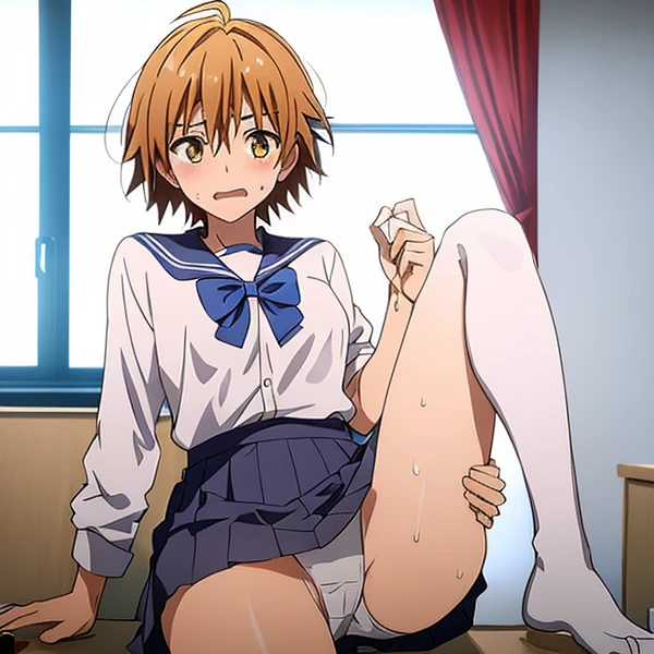 blushed、Embarrassed face、（Feminization、Japan school uniform、Check skirt、sit with curled under、pigeon-toed、white erotic panties、Underwear that bites、Light makeup）、short-hair、full body Esbian、feminine breasts、ligh brown hair、(masutepiece, Best Quality）、 Shiny skin、(1girll: nase, Naughty blush, Sweat flows）