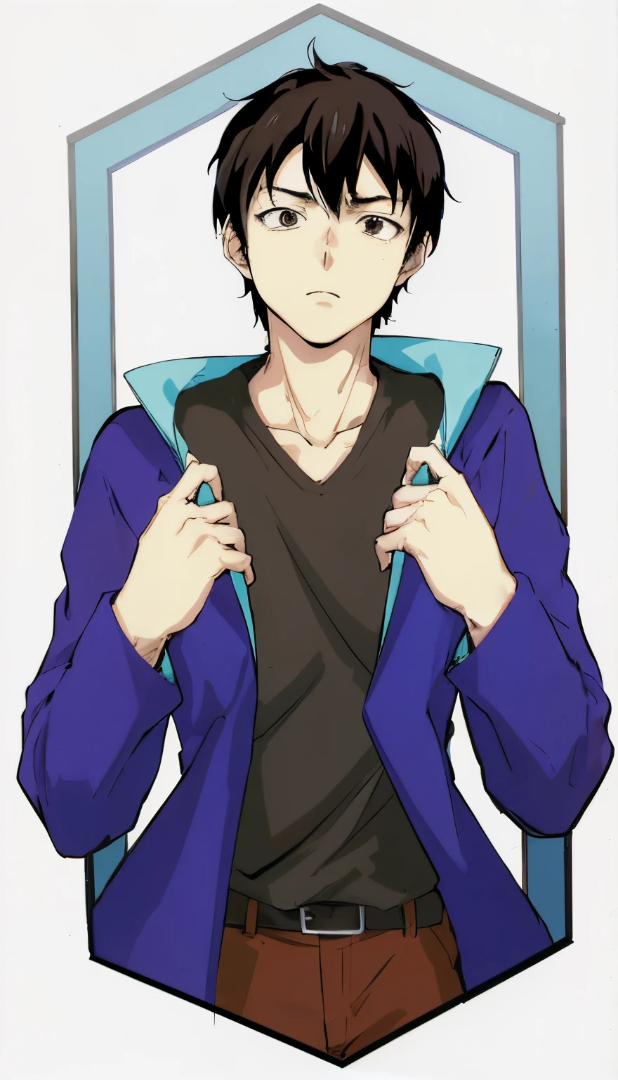 anime guy in a blue jacket and brown pants, tall anime guy with black hair and black eyes, !!full body portrait!!, kentaro miura manga style, young anime man, wearing blue robe, inspired by Sakai Hōitsu, kentaro miura style, full_body!!, wearing a blue robe, kentaro miura manga art style