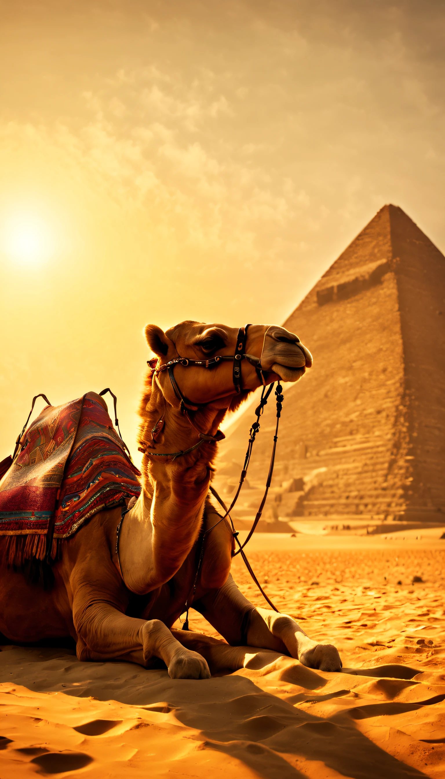A cinematic scene of a camel resting in the shadow of the ancient Egyptian pyramids, with the golden hour sunlight creating a captivating atmosphere, Realistic 4K cinematic rendering, emphasizing the camel as a part of the historical landscape