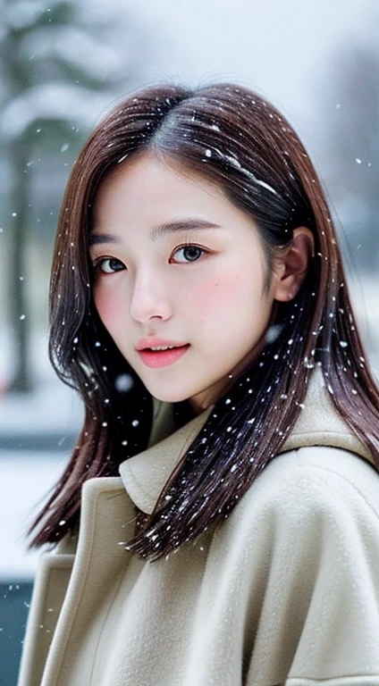 (1 Cute Korean Stars)Realistic photos of shoulder length hair、Thin makeup、medium breast size、Wearing a coat、in snow、Clear facial features、8K High Resolution、sharp and realistic details、From the outside、Eye level shots、F / 4.0、135 mm、Fuji Film、jpegartifacts、dithering、nffsw、​masterpiece、Small lips、don&#39;t show your teeth