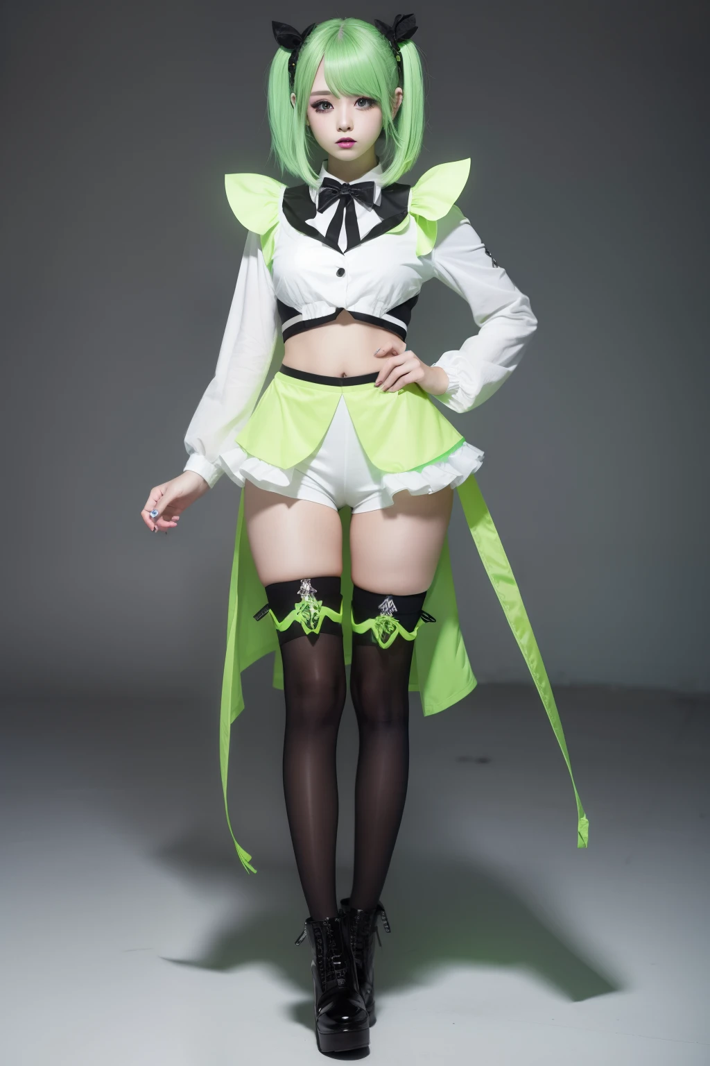 female idol、full body Esbian、white shorts costume、Fluorescent Green Hair、dark stockings、cyberpunked