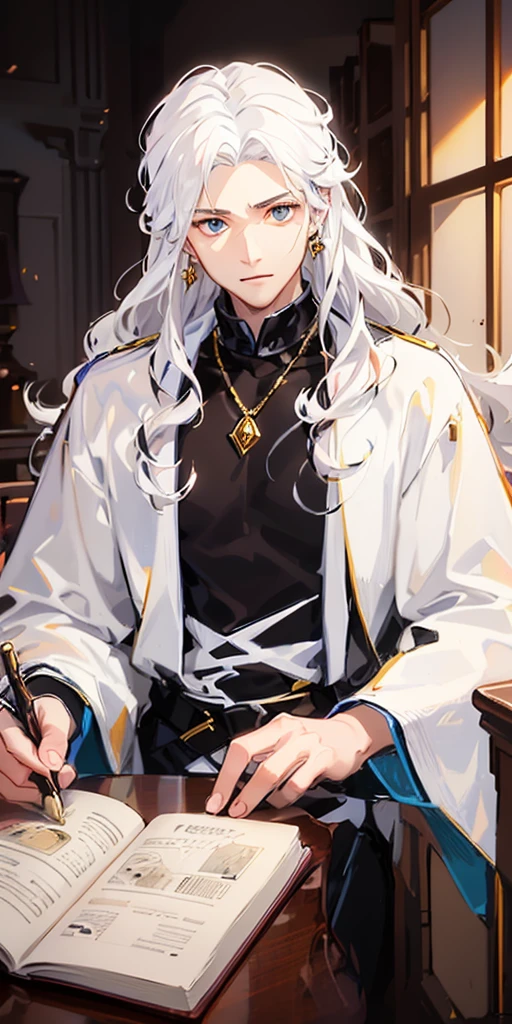 ((1male, guy, male gendered)), (Highest quality), mid teen, guy, (light brown European skin). (masterpiece), (young looking), detailed face, cosy vibe, sitting at a table writing a book, holding pen,, wearing a giant red hexagonal gemstone pendant, wearing a royal white overcoat, a full sleeve silk-white overcoat, white overcoat has a white turtleneck collar adorned with black patterns, black tshirt under white overcoat, artistic and magical red and gold patterns on the white overcoat, full-white covercoat, the overcoat is made of royal silk and has intricate patterns, It is a stylish male overcoat that pairs well with long silk pants, orange-red crystal-like eyes, ((full white hair)), very curly and wavy hair, long curly hair, curly and wavy hair,
