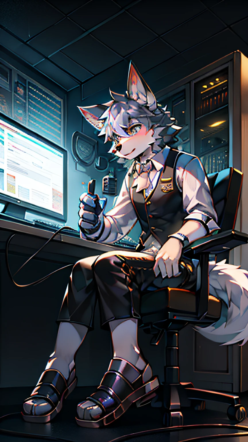 Golden hi-fi mechanical wolf,Wear a white vest,Black shorts,slippers。electrical wires,Electric currents,Computer,sat on the ground