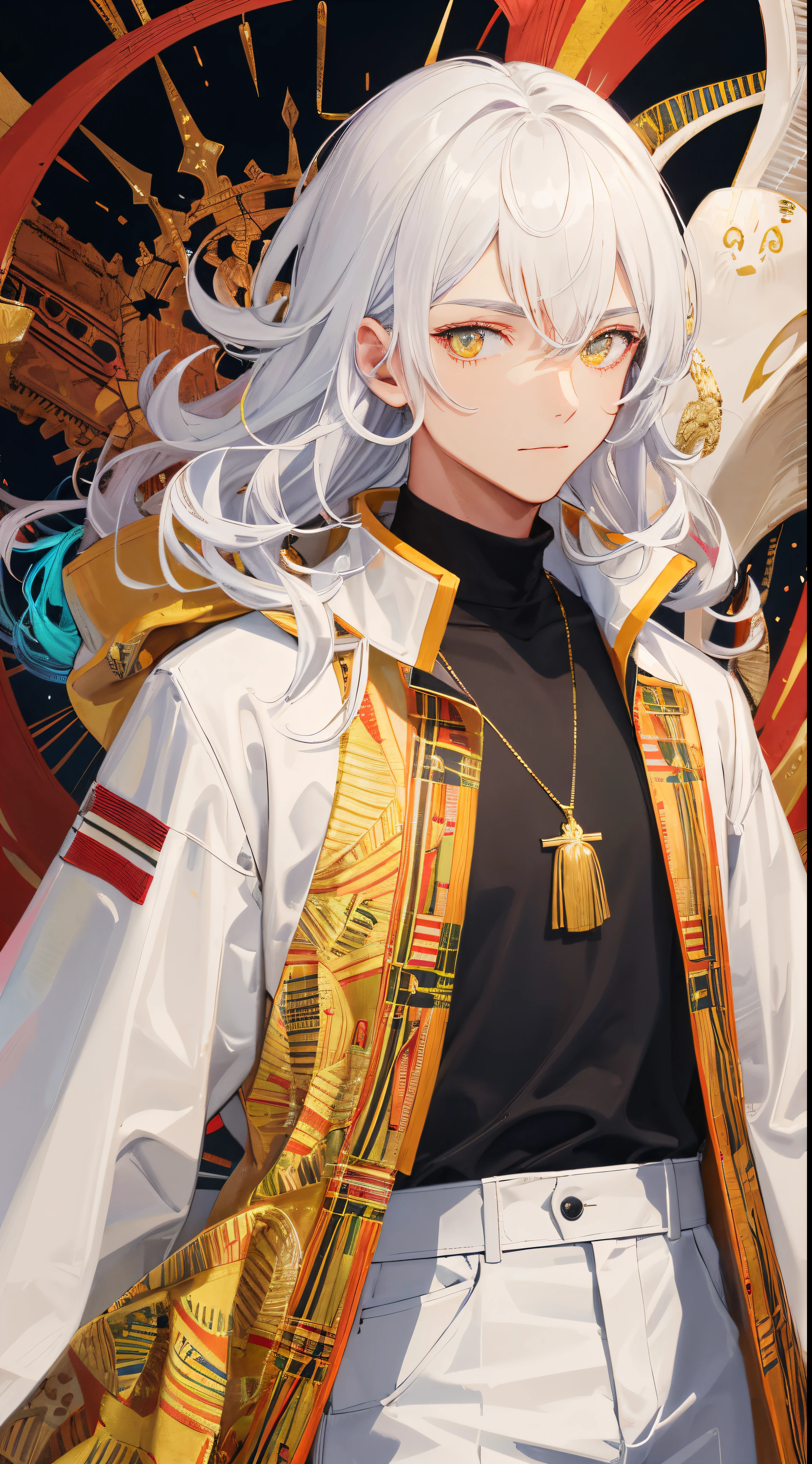 (8k, RAW photo, best quality, masterpiece:1.2), (extremely detailed CG, ultra-detailed, best shadow:1.1),(((1male))), solo, upper body, painting, drawing, paper texture, ultra high res, ((extremely detailed face)), flat color, limited palette, low contrast, -teey, best lighting, wearing a giant red gemstone pendant, wearing a royal white overcoat, a full sleeve overcoat with a white turtleneck collar adorned with black patterns, It is a long overcoat that goes down to their feet, a patterned royal black t-shirt underneath the overcoat, the black t-shirt has a reflective texture, and the white overcoat is worn over the t-shirt, artistic and magical red and gold patterns on the overcoat, The overcoat is made of royal silk and has intricate patterns, It is a stylish male overcoat that pairs well with long silk pants, a guy falling in the air, clouds, blowing hair, closed mouth, orange-red crystalline eyes, (zentangle, mandala, tangle, entangle:1), full white hair, very curly and wavy hair,
