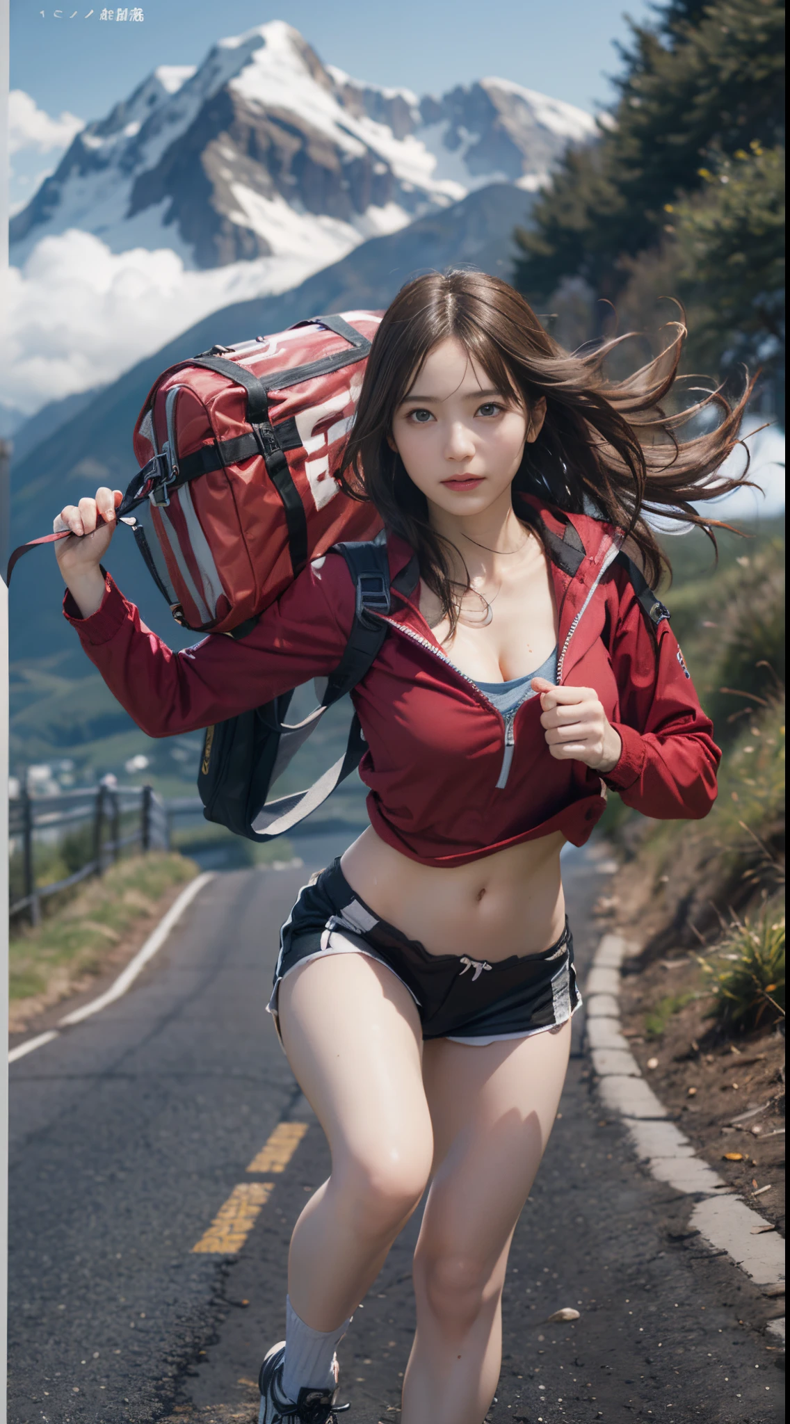 8k, top-quality, (pubic hair beauty)、hight resolution, 逼真, realperson, A beautiful, muscular woman carries a large amount of luggage on her back with special equipment as a job on a beautiful mountain road in the Alps.、((I'm desperately rushing and running as fast as I can))、Hurry、((Fleeing))、He wears tight shorts and a T-shirt that is so short that his stomach is exposed.、huge tit、A lot of sweat in the cleavage、Death Stranding