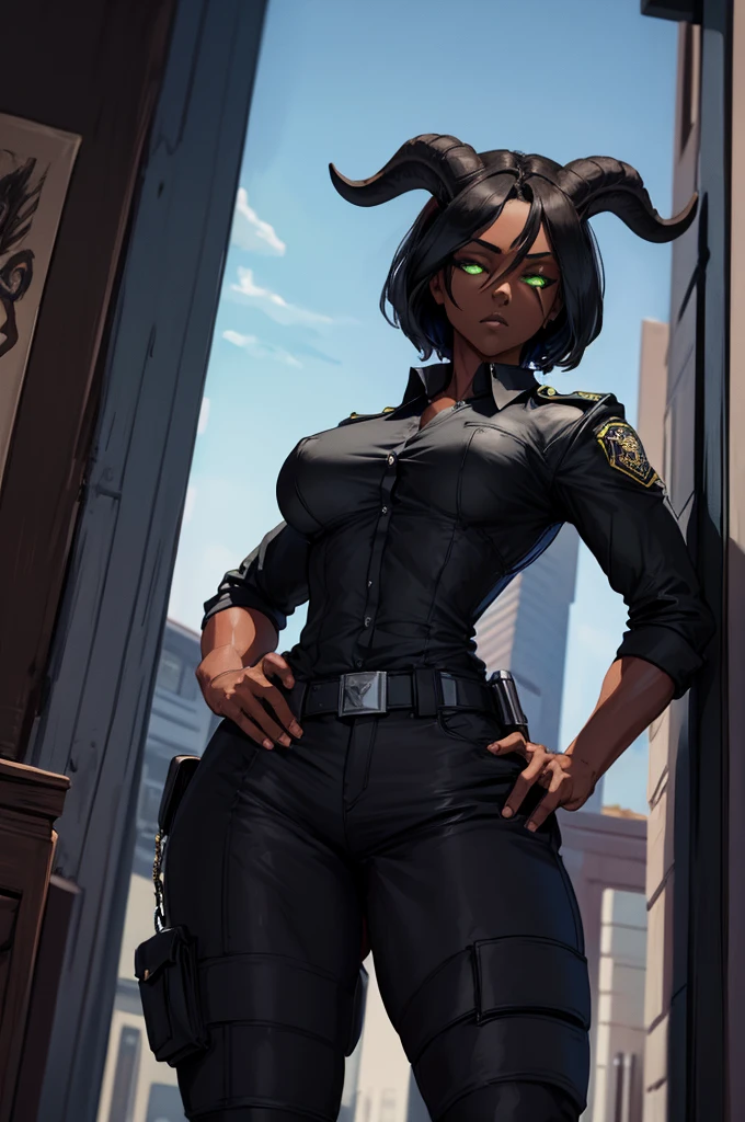 (Masterpiece) (High Detail) (High Res) (Black Skin) Looking from below A young teenage black humanoid girl with dark skin and ebony flesh and green eyes and short black hair and goat ears and short dark goat horns and a toned teen body and average to small breasts dressed in a police uniform with a shirt and pants dressed like an officer of the law with her hands on her hips