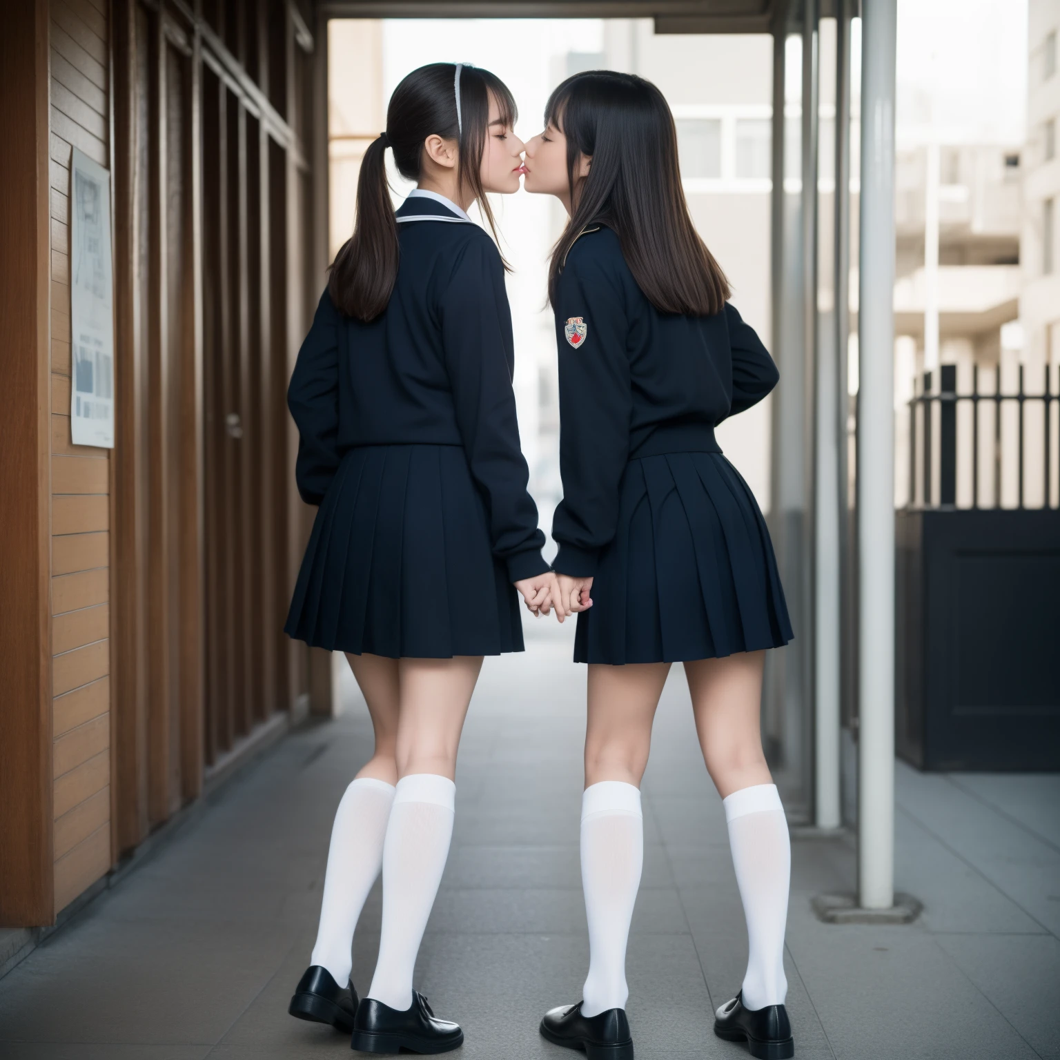 Two Japanese junior high school girls in revealing uniforms kissing