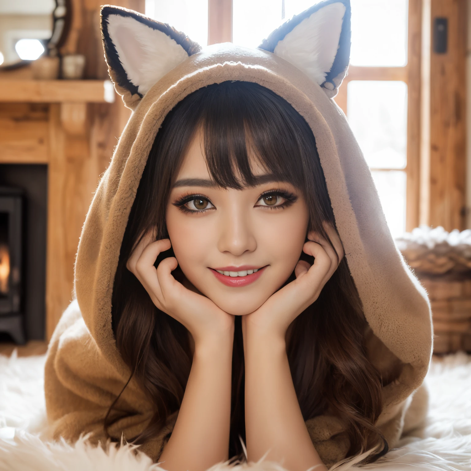 A professional high-quality photo, in 4K resolution, captures in realistic detail a charming girl in a fluffy white pajama with ears and foxtail. She is sitting in the middle of an enchanted forest, where every element is portrayed to perfection. The textures of the pajamas, ears and tail are sharp and palpable. Sunlight falls on the leaves and gently illuminates the girl's face, highlighting each delicate and charming expression --auto --s2