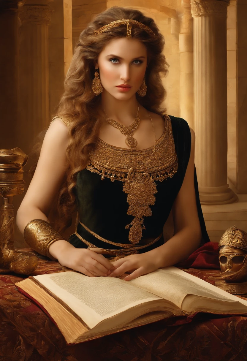 A portrait of Helen of Troy studying ancient warfare and strategy, surrounded by parchments and war artifacts.,The Iliad,In Greek mythology, Helen of Troy is depicted as the epitome of female beauty and allure. She is typically represented as a woman of great elegance, often with long, flowing hair – usually blonde or golden as per ancient Greek aesthetics. Her eyes are often described as captivating, and her face, perfect and serene. As the most beautiful woman in the world, her countenance is one of grace and magnetism, often depicted adorned in fine clothing and jewellery, fitting her royal status., female