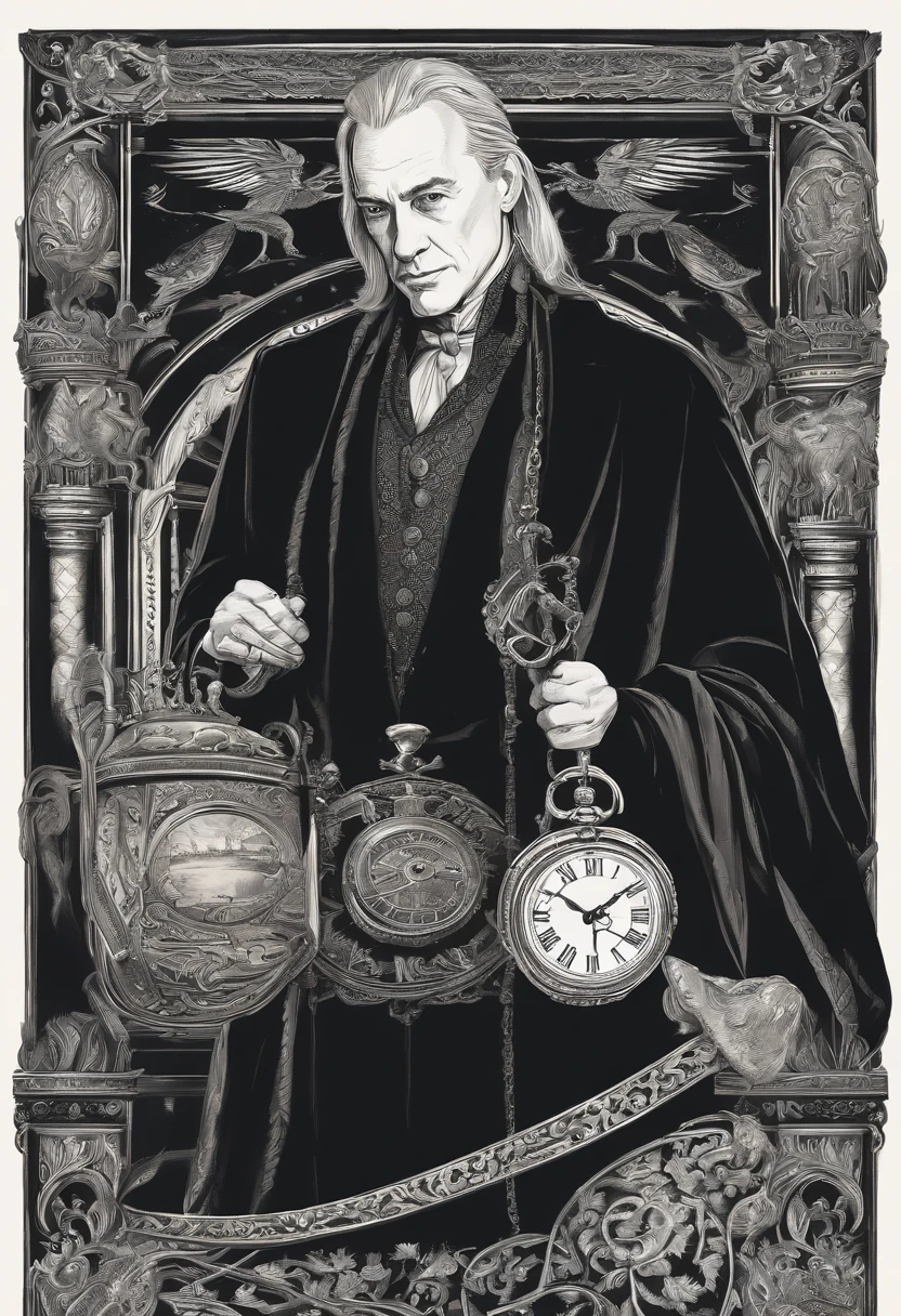 A vintage silver pocket watch, intricately engraved with pure-blood wizarding symbols, delicately held in Lucius Malfoy's hand as he checks the time in the ornate drawing room of the Malfoy Manor.,Harry Potter and the Chamber of Secrets,Lucius is tall with long straight blonde hair, icy blue eyes, wears black suits and robes, carries a walking stick with a silver snake head at the top. Famously portrayed by Jason Isaacs, male