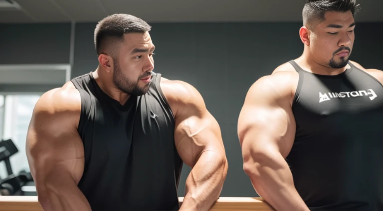 (Very detailed 8k wallpaper), two asian men, muscle worship, arms folded, At the gym, high detailing, buzzcut, very large and strong body, bulging muscles, well-muscled, very large pectoral muscles. Very sexy abs, legs are muscular, Toned figure, lightens oily skin, muscular, Tank top, T-shirt, longshot, Wide Shot