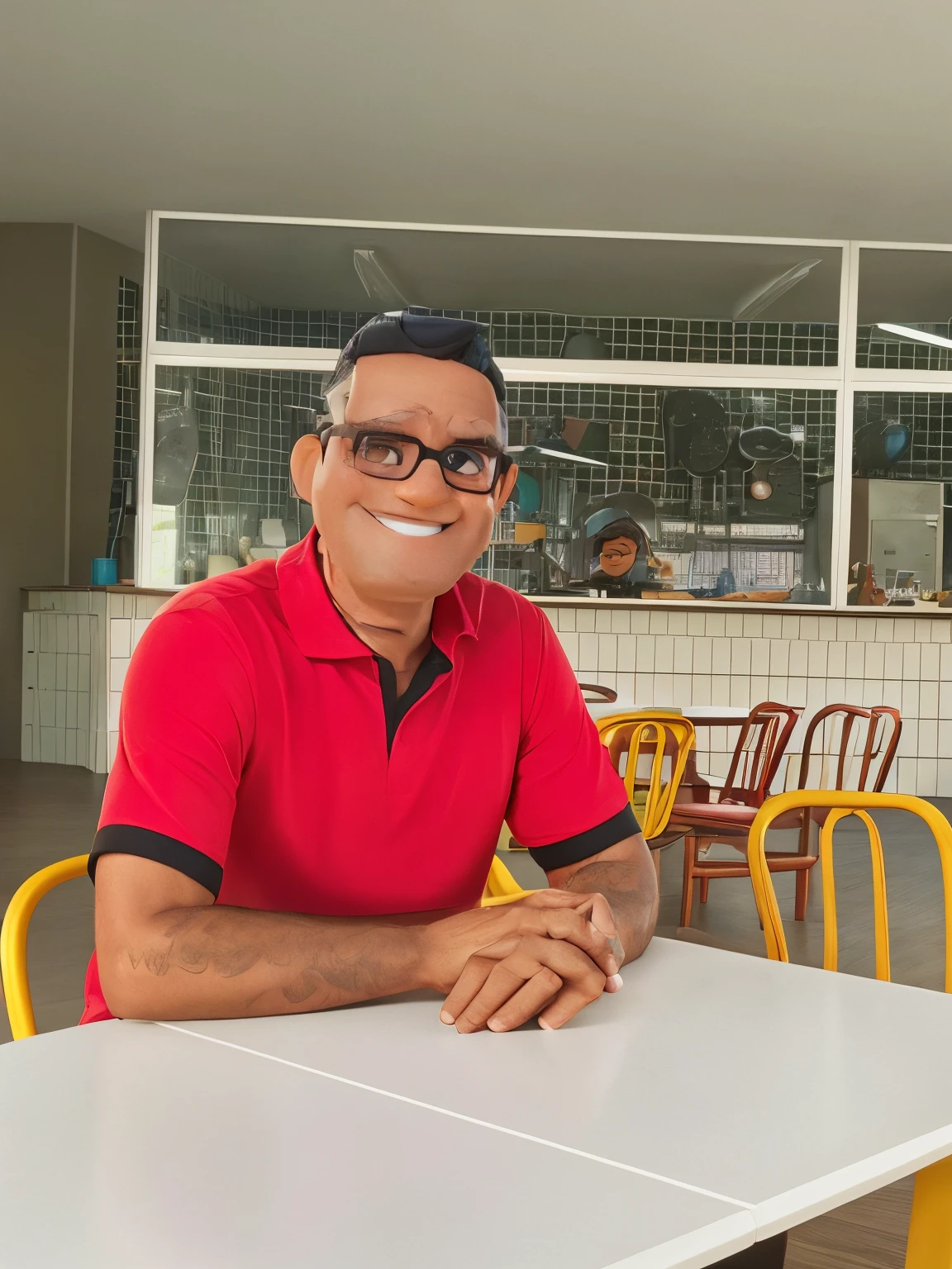 um homem com aproximadamente 50anos, com rosto redondo, sorriso bonito, of glasses with black frame, cabelo curto, preto e ralo, estilo cartoon disney pixar com a melhor qualidade