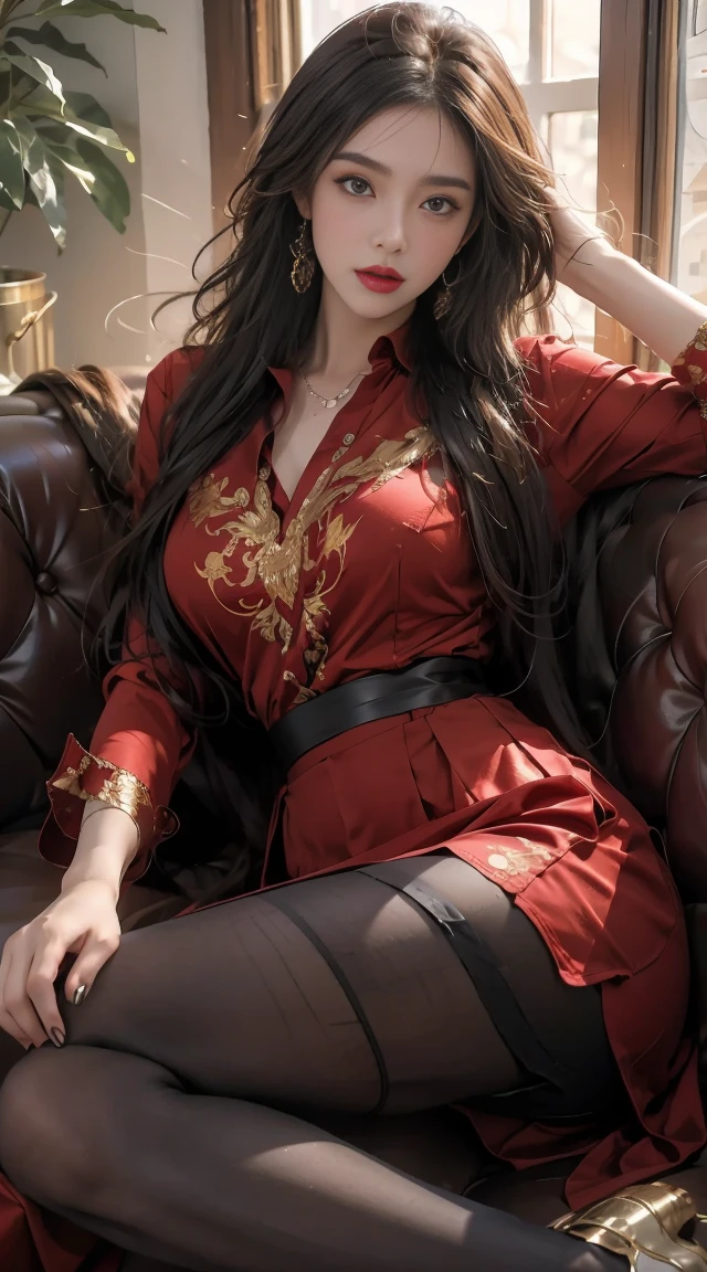 ((tmasterpiece, Best quality)), Detailed faces, character design sheet,Full body lesbian, be full of details, multiple postures and expressions, The content is very detailed, depth of fields, many parts,beuaty girl,电影灯光,glowing light,Red and gold,Phoenix decoration,light yarn,Lace,Lace pantyhose,high-heels