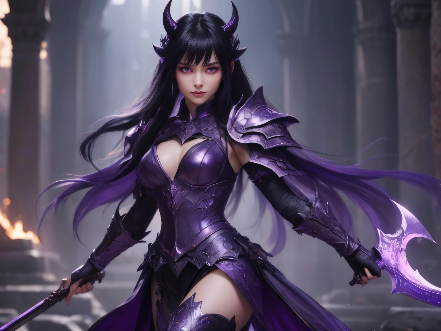 Purple sky, demon Lilith, Rock background, Gothic, Fantasy, hyperrealism, Beauty, aesthetics