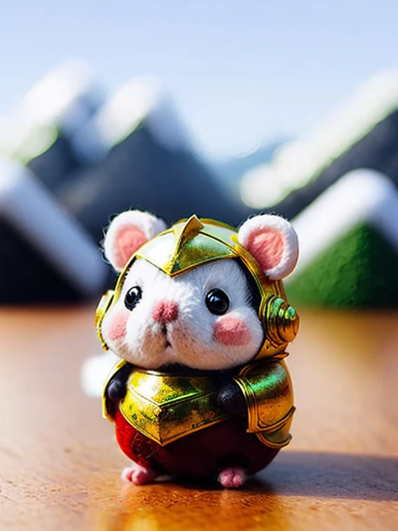 A Hamster, a cute hamster with a helmet, medieval armor, mountains for background, blurry background, Wool felt, masterpiece,best quality,