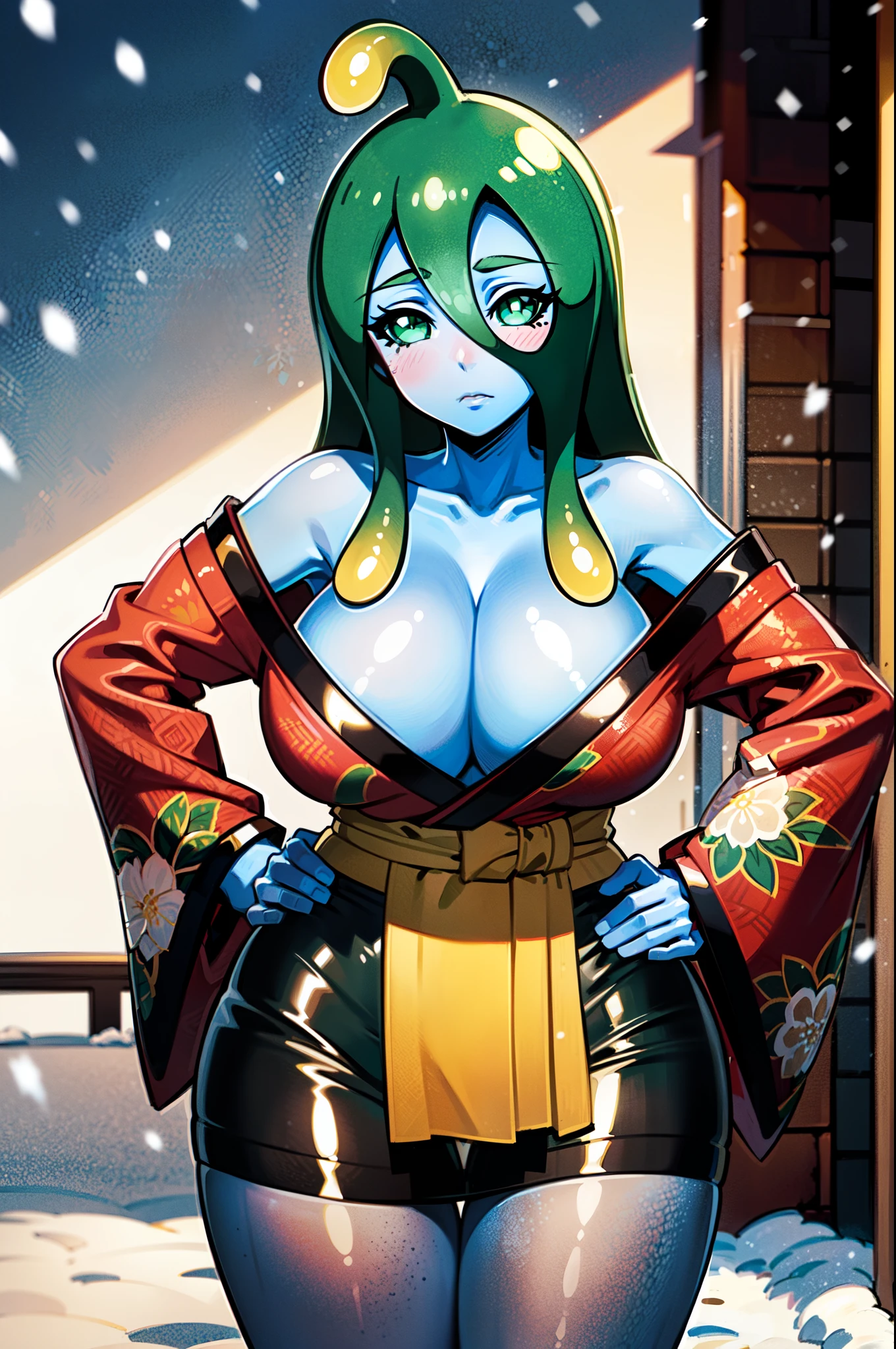 masterpiece, best quality, extremely detailed, anime art style, 1girl, mature female, solo, (blue skin, colored skin, slime girl, monster girl), (gigantic breasts:1.2), (((green hair, long hair, hair between eyes, tentacle hair, green eyes))), parted lips, (((collarbone, black kimono, print kimono, floral print, fishnet pantyhose))), ((blush, shy), closed mouth), ((hands on own hips, castle, winter, snowing))