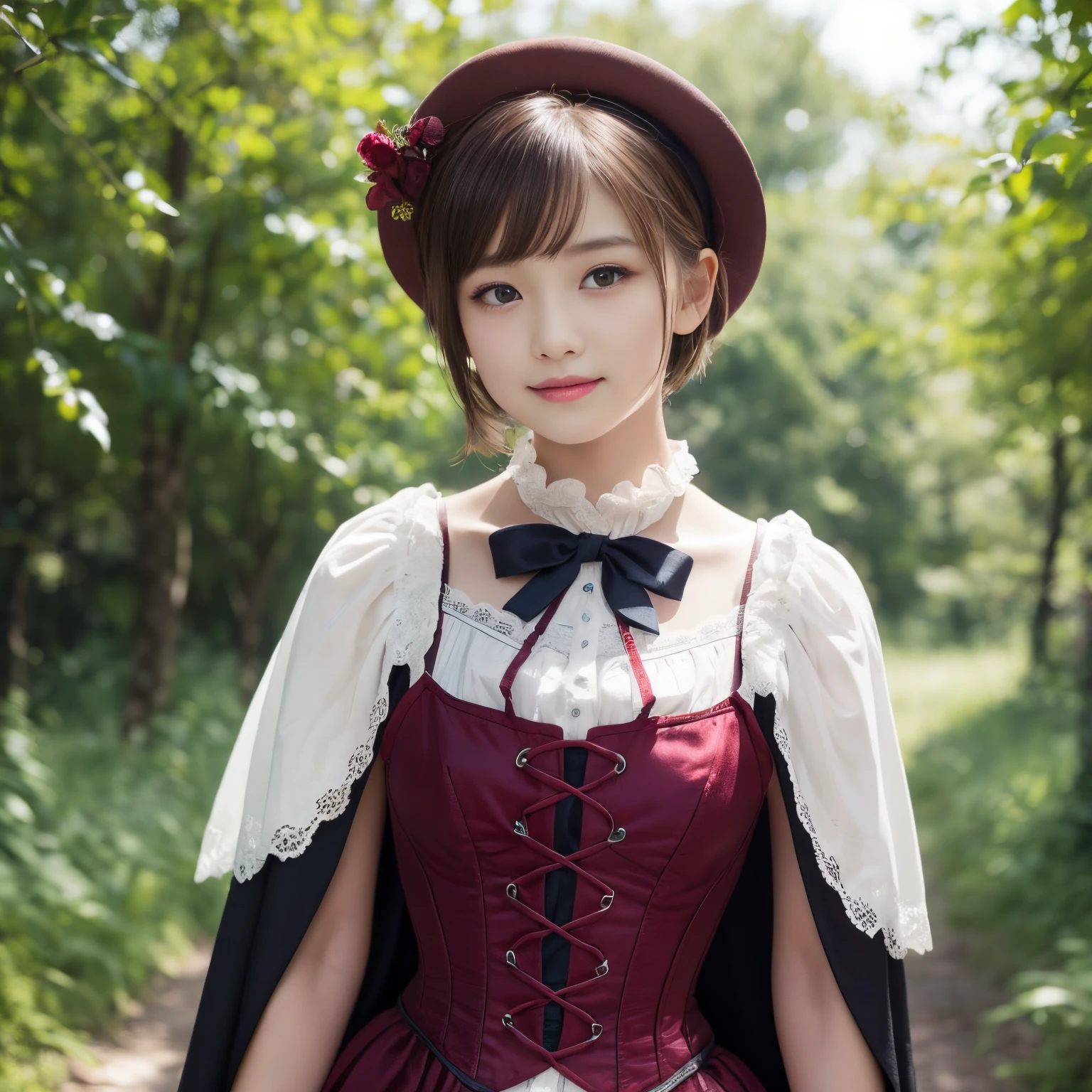 ((top-quality、masutepiece、8K、Top image quality))、1 beautiful girl、( girl with a young face:1.3)、((Bordeaux hood、cape、corsets、frilld、Victorian attire))、(Classic atmosphere:1.3)、(Classic folktale atmosphere:1.1)、(fantasy atmosphere:1.3)、(Short Wave Hair:1.2)、(Color Contacts:1.2)、smile looking at me、have one exact fruit basket、Emphasize body lines、accurate anatomy、(cowboy shot)、deep in a dimly lit forest、A slender、Perfect makeup