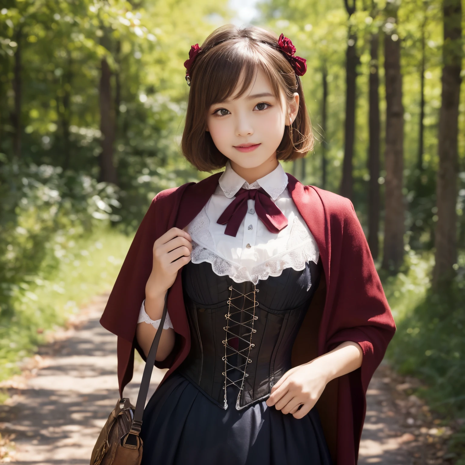 ((top-quality、masutepiece、8K、Top image quality))、1 beautiful girl、(12 year old girl with a young face:1.3)、((Bordeaux hood、cape、corsets、frilld、Victorian attire))、(Classic atmosphere:1.3)、(Classic folktale atmosphere:1.1)、(fantasy atmosphere:1.3)、(Short Wave Hair:1.2)、(Color Contacts:1.2)、smile looking at me、have one exact fruit basket、Emphasize body lines、accurate anatomy、(cowboy  shot)、deep in a dimly lit forest、A slender、Perfect makeup