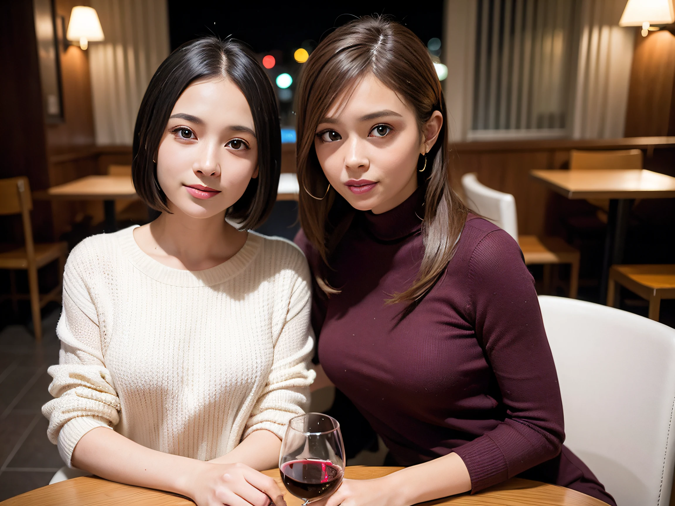 (64k uhd、nffsw、top-quality、masterpiece:1.2)、(realisitic、Photorealsitic:1.37)、ultra-detailliert、1 pretty lady、(Slim Faces)、(Slim body)、(brawn hair)、(short-cut)、French woman、Italian woman、Americana、blush a little on the cheeks、(52yo)、45 yers old、red wine、Beautiful detailed urban night view outside the window、resturant、Wine glasses in a prominent place、natta、(from waist up)、sitting on、date、(A smile:1.15)、Beautiful fine eyes、The upper part of the body、bustup、Cashmere sweater、long-sleeved dresses、japanes、(short-hair:1.2)、Float NovaFrogStyle、女優、modeled、from waist up、white wine、Slimed、wine glasses、Super beautiful night view、Put the wine glass in the middle、Happy smile、(8K、Raw photography、top-quality、masterpiece:1.2)、(realisitic、Photorealsitic:1.37)、ultra-detailliert、超A high resolution、2 females、see the beholder、beautifull detailed face、A smile、Constriction、(Slim waist) :1.3)、knit shirt、Beautiful detailed skin、Skin Texture、floated hair、profetional lighting、middlebreasts、eyes gentle
