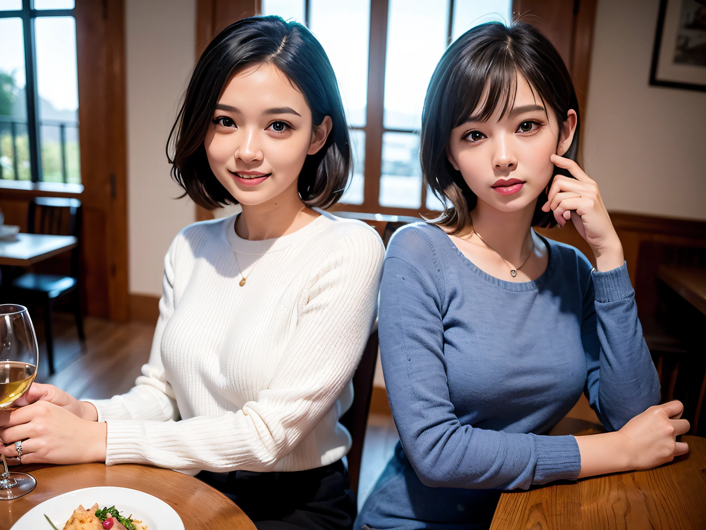 (64k uhd、nffsw、top-quality、masterpiece:1.2)、(realisitic、Photorealsitic:1.37)、ultra-detailliert、wine glasses、fun milf、1 pretty lady、(Slim Faces)、(Slim body)、(brawn hair)、(short-cut)、smiling french woman、Italian woman、Americana、blush a little on the cheeks、(52yo)、45 yers old、red wine、Beautiful detailed urban night view outside the window、resturant、Wine glasses in a prominent place、natta、(from waist up)、sitting on、date、(A smile:1.15)、Beautiful fine eyes、The upper part of the body、bustup、Cashmere sweater、long-sleeved dresses、japanes、(short-hair:1.2)、Float NovaFrogStyle、女優、modeled、from waist up、white wine、Slimed、wine glasses、Super beautiful night view、Put the wine glass in the middle、Happy smile、(8K、Raw photography、top-quality、masterpiece:1.2)、(realisitic、Photorealsitic:1.37)、ultra-detailliert、超A high resolution、2 females、see the beholder、beautifull detailed face、A smile、Constriction、(Slim waist) :1.3)、knit shirt、Beautiful detailed skin、Skin Texture、floated hair、profetional lighting、middlebreasts、eyes gentle