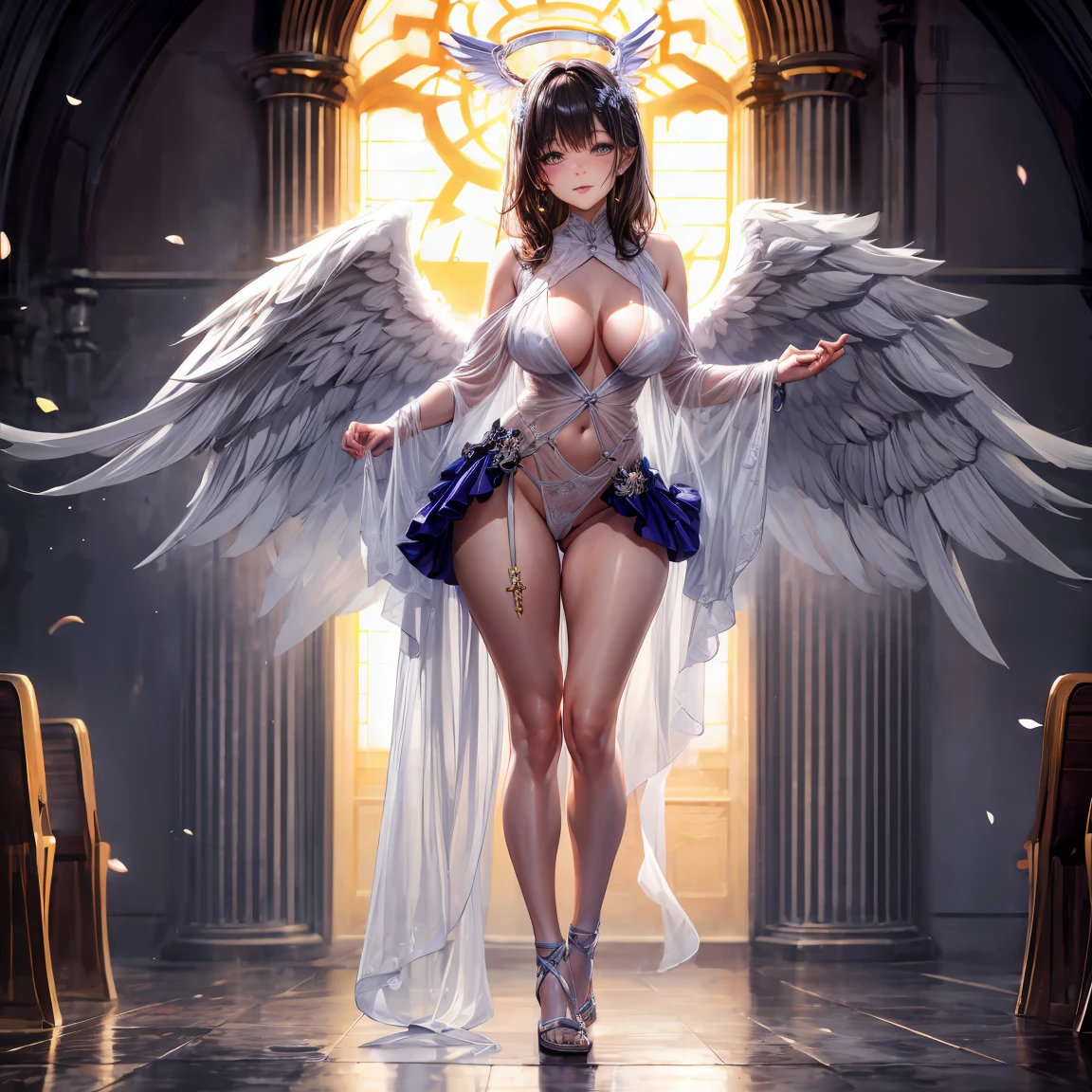 （8K ，hyper-detailing，ultra real photo，Best masterpiece，natural，Perfect artwork，Perfect female body），Cute busty girl ，Hair color，（Big tits），Angelic，obsessed，the angel's wings，The halo，Beautiful church，beautiful rain of petals，Gorgeous accessories，golden brilliance，Wearing a see-through sexy gauze skirt，Sexy transparent dress，ssee-through，Built-in thong，The cracks are relatively large，stretch the meat，Raised sexy，Flirtatious，Full body photo